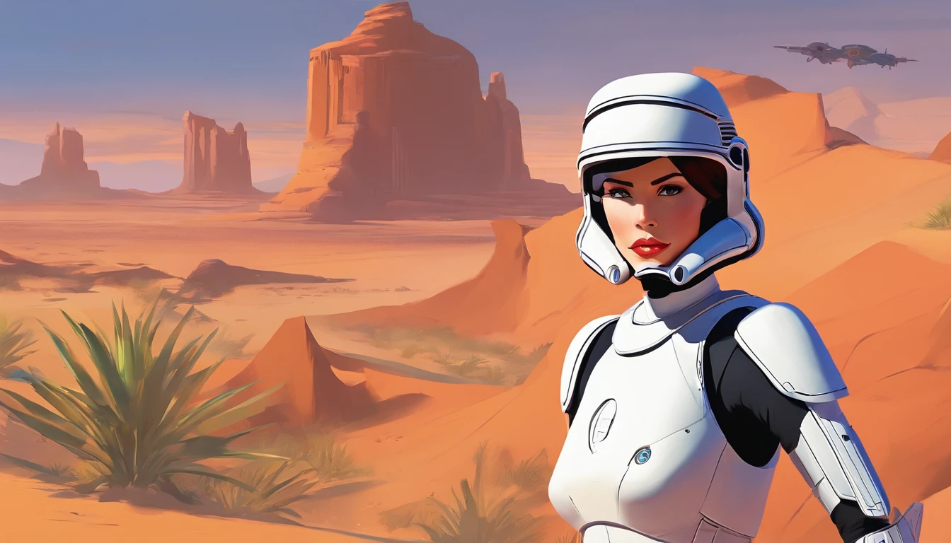 Average shot of a female Imperial stormtrooper against the backdrop of the desert, based on concept art by Magalie Villeneuve, trending on cg society, AB """"Star Wars""": The Old Republic", influenced by Ralph McQuarrie's concept art. The stormtrooper has a strong and confident expression on his face, emphasizing detailed facial features, such as beautiful detailed eyes, detailed lips, and extremely detailed eyes and face. She is dressed in the traditional white armor of a stormtrooper, With a sleek and futuristic design. Combining illustration elements, 3D Rendering, and photography, The result is a visually stunning and immersive piece. The colors and lighting are bright and dynamic, Enhancing the overall atmosphere of the artwork. Image quality is paramount, With the best quality, 4K or 8K resolution, hight resolution, And a masterpiece:1.2, which makes it a true masterpiece in terms of quality and detail.
