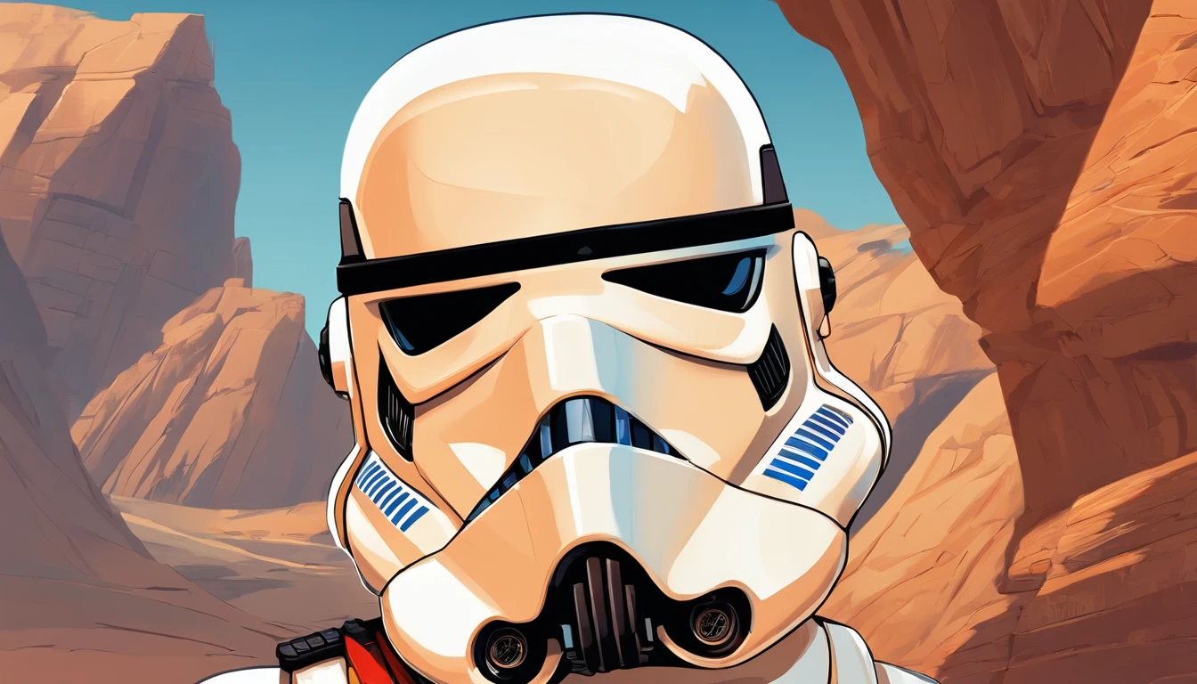 Average shot of a female Imperial stormtrooper against the backdrop of the desert, based on concept art by Magalie Villeneuve, trending on cg society, AB """"Star Wars""": The Old Republic", influenced by Ralph McQuarrie's concept art. The stormtrooper has a strong and confident expression on his face, emphasizing detailed facial features, such as beautiful detailed eyes, detailed lips, and extremely detailed eyes and face. She is dressed in the traditional white armor of a stormtrooper, With a sleek and futuristic design. Combining illustration elements, 3D Rendering, and photography, The result is a visually stunning and immersive piece. The colors and lighting are bright and dynamic, Enhancing the overall atmosphere of the artwork. Image quality is paramount, With the best quality, 4K or 8K resolution, hight resolution, And a masterpiece:1.2, which makes it a true masterpiece in terms of quality and detail.