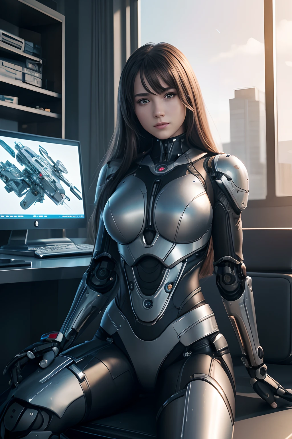 Super lovely beautiful female face, Mechanical body: 1.5, Background to the online world: 1.5, 19 years, 150mm, Long hair, Beautiful studio soft light, Vivid details, Beautiful background, Octane rendering, 8K, Best Quality, Masterpiece, Illustrations, Very decisive and handsome, Extremely detailed, computer graphics, unity , wallpapers, (Realistic, photo-realistic: 1.37), Amazing, finely detail, mastery, Best Quality, official arts, Extremely detailed computer graphics unity 8K wallpaper, a robot, full - body, full-body shooting, sitting,lora:Mikro-bikini