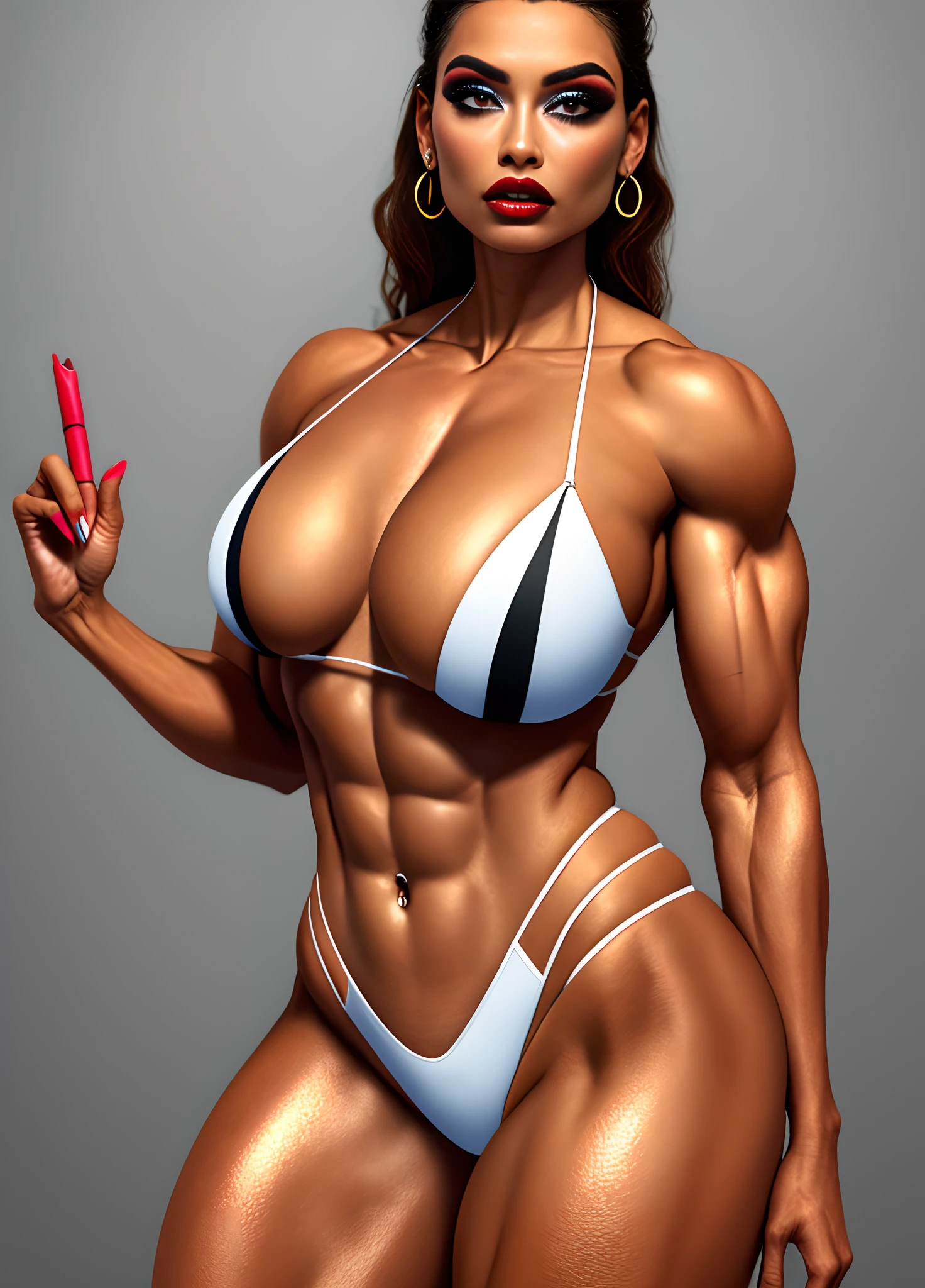 1girll, Gorgeous, Muscular, Thick thighs, Mature female, hason, Wide hips, (Masterpiece, High quality: 1.1), Shiny skin, Soft skin, Smooth skin, Chest recoil, Tight suit, agitated, Curvy, coalescence, shades, camel's finger, lipstick, Thick lips, Makeup, Highly detailed, kawaii, wet and shiny, Mini bikini