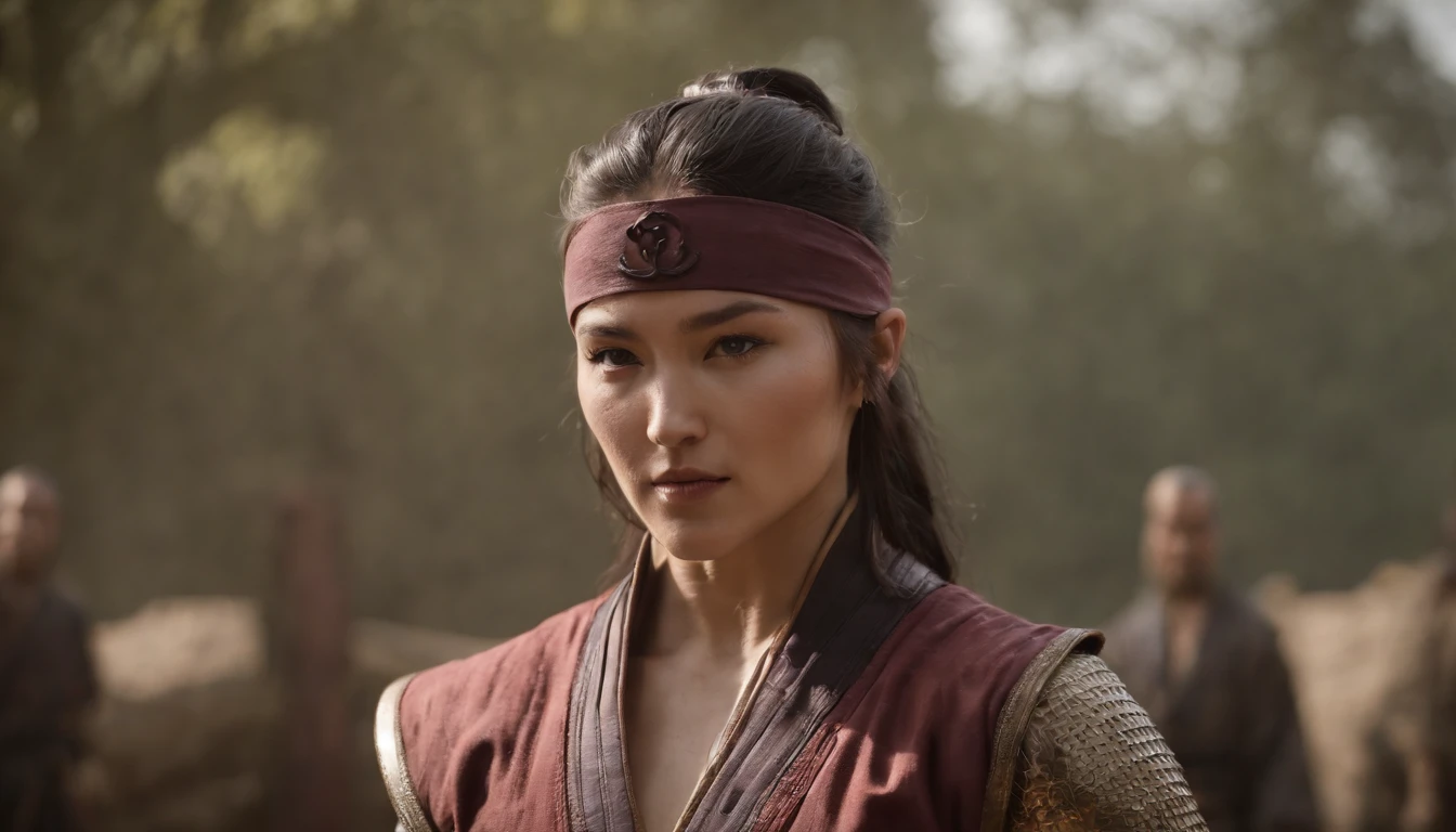 Liu Kang em um anel de fogo, dedos de alta qualidade, normal hands, dedos detalhados, obra-prima, (realista, foto-realista: 1.37), realista, cabelo preto:1.2, olhos vermelhos:1.5, olhos brilhantes, mortal kombat, ninja, sangue, cicatriz, armas, kimono, vestido, traje mortal kombat, pose de luta, olhar sereno, templo, meditation, ferimentos, Ninja Mask, cobrir metade do rosto, eyes to the sky