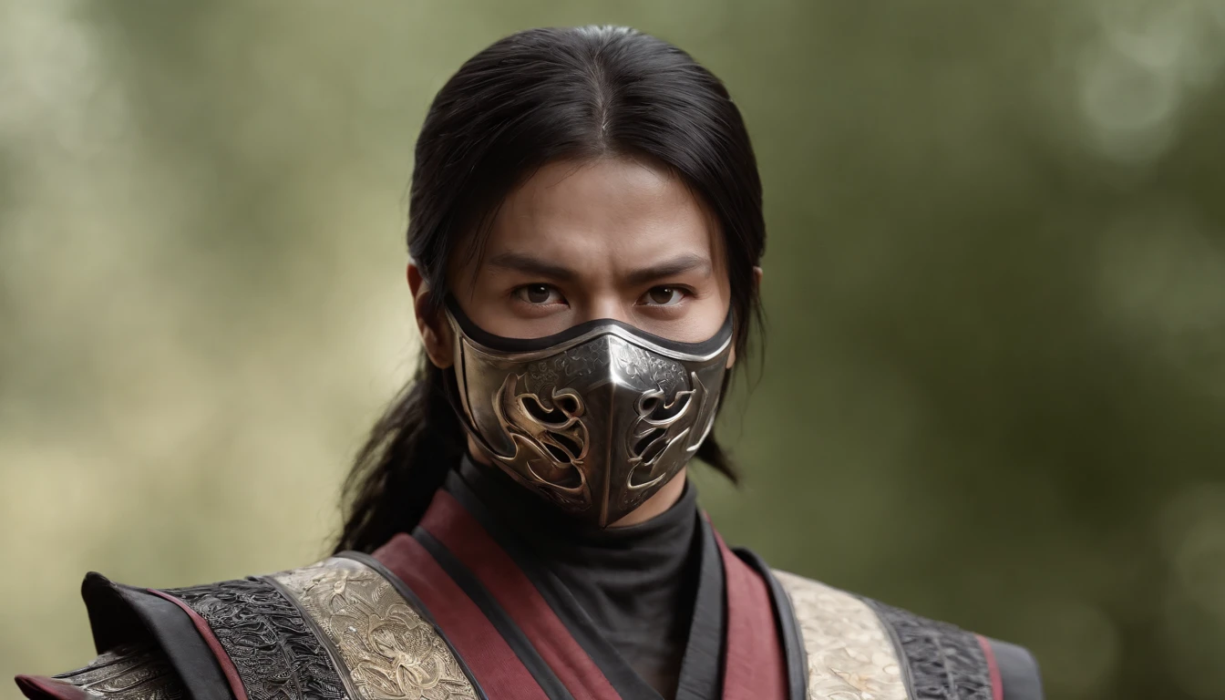 Liu Kang em um anel de fogo, dedos de alta qualidade, normal hands, dedos detalhados, obra-prima, (realista, foto-realista: 1.37), realista, cabelo preto:1.2, olhos vermelhos:1.5, olhos brilhantes, mortal kombat, ninja, sangue, cicatriz, armas, kimono, vestido, traje mortal kombat, pose de luta, olhar sereno, templo, meditation, ferimentos, Ninja Mask, cobrir metade do rosto, eyes to the sky