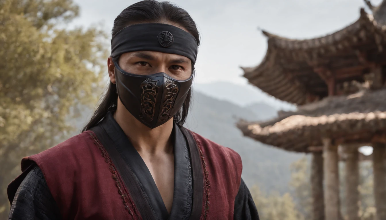 Liu Kang em um anel de fogo, dedos de alta qualidade, normal hands, dedos detalhados, obra-prima, (realista, foto-realista: 1.37), realista, cabelo preto:1.2, olhos vermelhos:1.5, olhos brilhantes, mortal kombat, ninja, sangue, cicatriz, armas, kimono, vestido, traje mortal kombat, pose de luta, olhar sereno, templo, meditation, ferimentos, Ninja Mask, cobrir metade do rosto, eyes to the sky