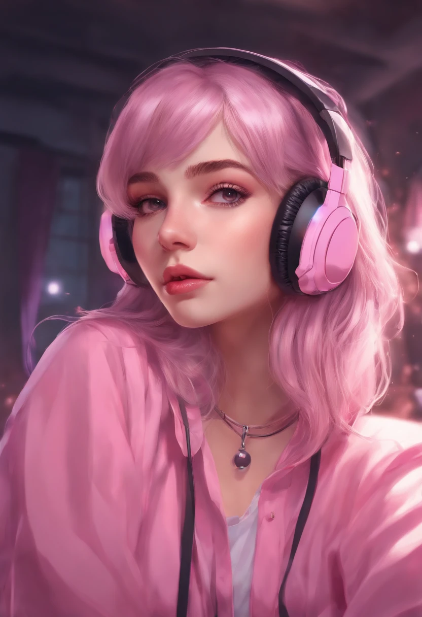 uma com fones de ouvido e uma camisa rosa, Streamer do Twitch, estilo anime 4K, ig studios estilo anime, longos cabelos rosa