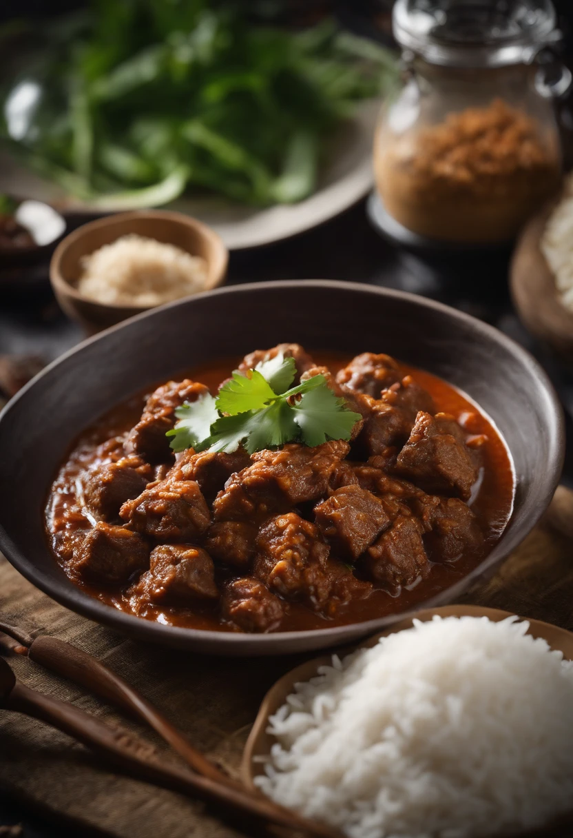 best quality,4k,8k,highres,masterpiece:1.2,ultra-detailed,realistic:1.37,Indonesian rendang rice,traditional dish,sumptuous presentation,aromatic spices,slow-cooked beef,coconut milk,rich and flavorful sauce,tender meat,mouthwatering,steaming white rice,vegetable garnish,vivid colors,exquisite plating,authentic cuisine,culinary masterpiece,Indonesian culture,culinary heritage
