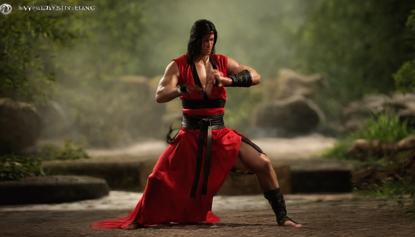 Liu Kang em um anel de fogo, dedos de alta qualidade, normal hands, dedos detalhados, obra-prima, (realista, foto-realista: 1.37), realista, cabelo preto:1.2, olhos vermelhos:1.5, olhos brilhantes, mortal kombat, ninja, sangue, cicatriz, armas, kimono, vestido, traje mortal kombat, pose de luta, olhar sereno, templo, meditation, ferimentos,