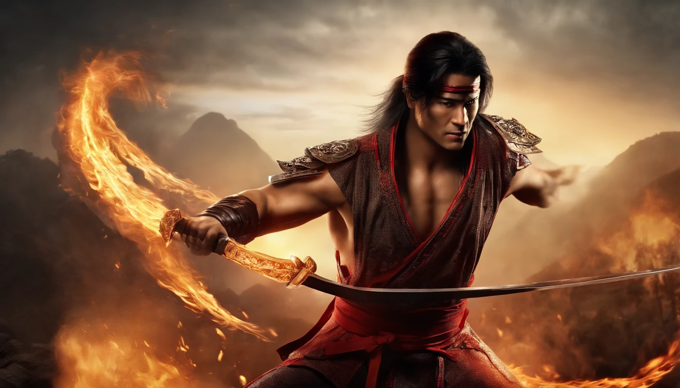 Liu Kang em um anel de fogo, dedos de alta qualidade, normal hands, dedos detalhados, obra-prima, (realista, foto-realista: 1.37), realista, cabelo preto:1.2, olhos vermelhos:1.5, olhos brilhantes, mortal kombat, ninja, sangue, cicatriz, armas, kimono, vestido, traje mortal kombat, pose de luta, olhar sereno, templo, meditation, ferimentos,