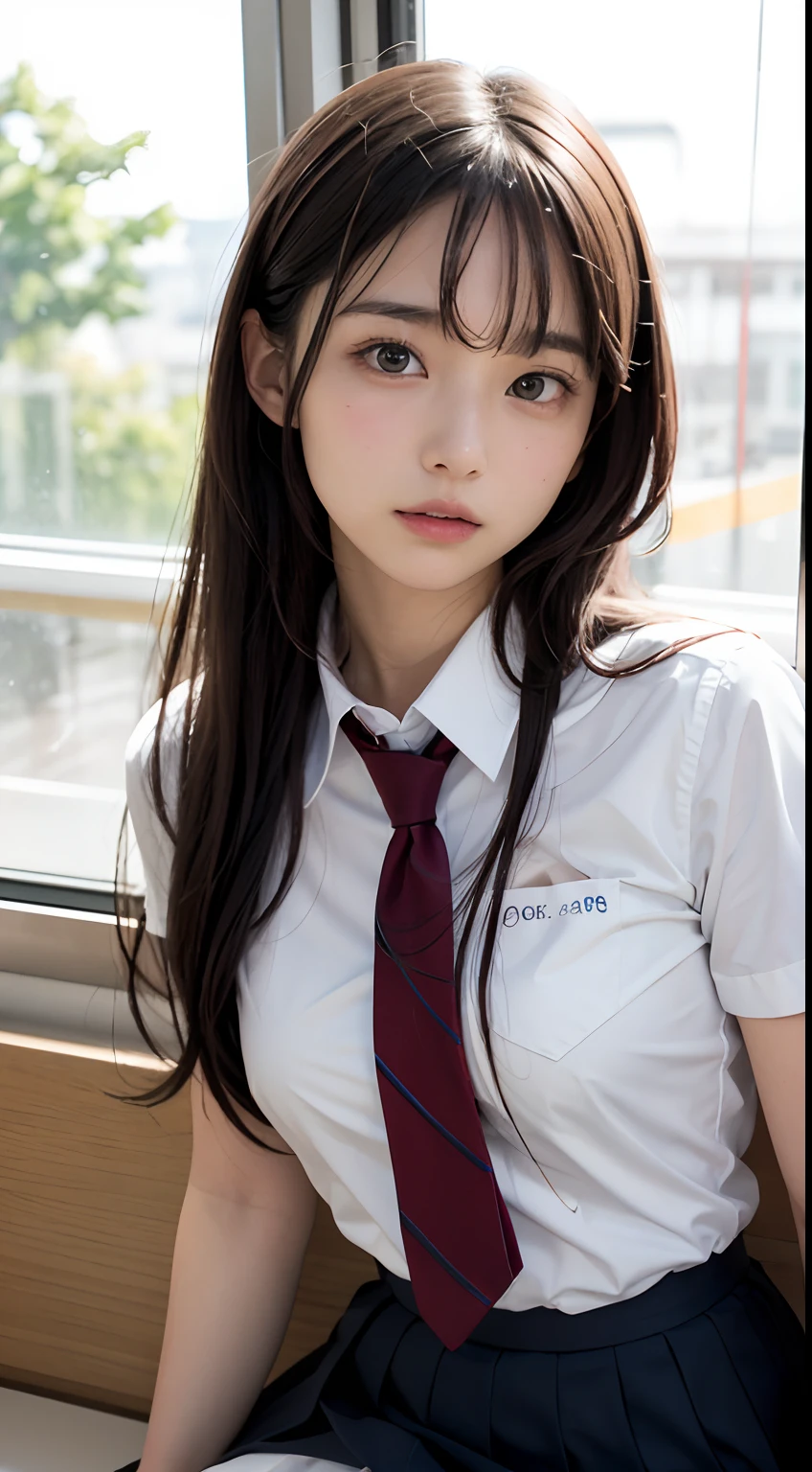 (masutepiece, Best Quality:1.2), 8K, , 85 mm, Official art, Raw photo, absurderes, White dress shirts, Pretty Face, close up, Upper body, violaceaess, gardeniass, Beautiful Girl, School uniform, (Navy pleated skirt:1.1), Cinch West, thighs thighs thighs thighs, Short sleeve, on train, Sitting on a bench seat, Looking at Viewer, No makeup, (Smile:0.4), Film grain, chromatic abberation, Sharp Focus, face lights, clear lighting, Teen, Detailed face, Bokeh background, (dark red necktie:1.1)