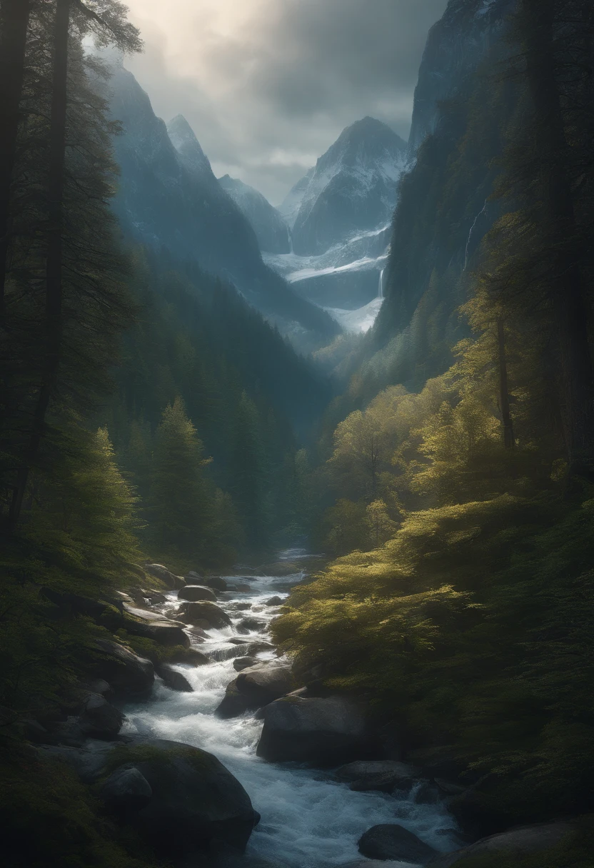 A splash art of a ravine covered in snow and surrounded by a dense forest, captured from a dramatic angular perspective. The scene depicts an epic RPG scenario with a sense of grandeur and adventure. The artwork is created using highly detailed illustrations in a digital medium, giving it a visually stunning and immersive quality. The image quality is of the highest standard, with a resolution of 4k or 8k, ensuring every minute detail is visible. The colors used are vibrant and vivid, enhancing the overall atmosphere of the scene. The lighting is meticulously rendered with studio lighting techniques to create a realistic and captivating effect.