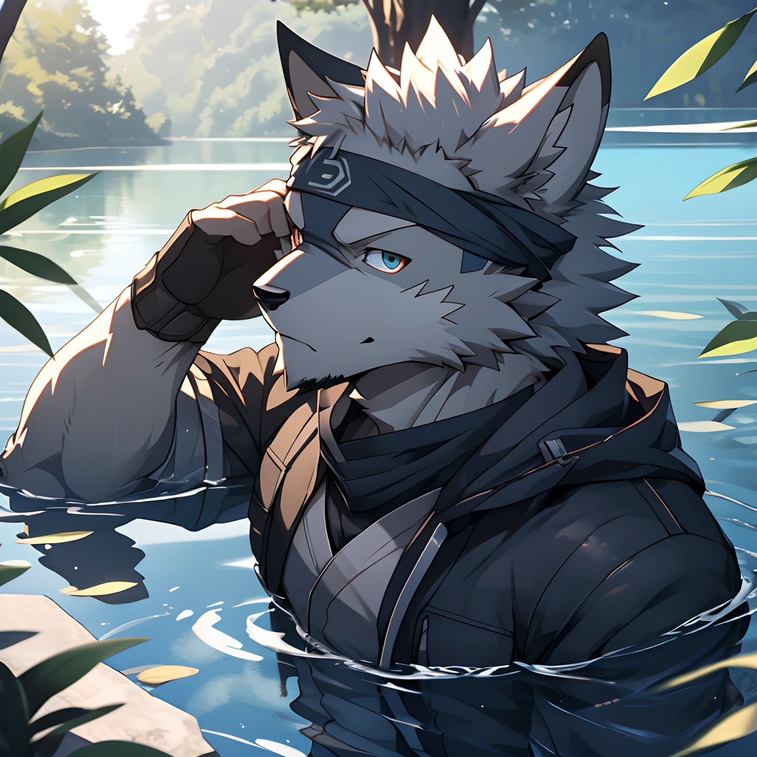 kakashi hatake, (In a lake), Masterpiece, Best quality, hyper qualit, absurd details, Best light, Best shadow, Sharp, Clear picture, Detailed face, Detailed eyes, detailed hairs, Detailed, Extremely detailed, A high resolution, 8K, 4K, hyper HD, Ray tracing, beautiful effects, Pictures (full bodyesbian)