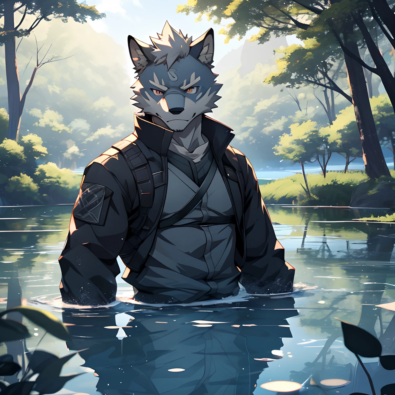 kakashi hatake, (In a lake), Masterpiece, Best quality, hyper qualit, absurd details, Best light, Best shadow, Sharp, Clear picture, Detailed face, Detailed eyes, detailed hairs, Detailed, Extremely detailed, A high resolution, 8K, 4K, hyper HD, Ray tracing, beautiful effects, Pictures (full bodyesbian)