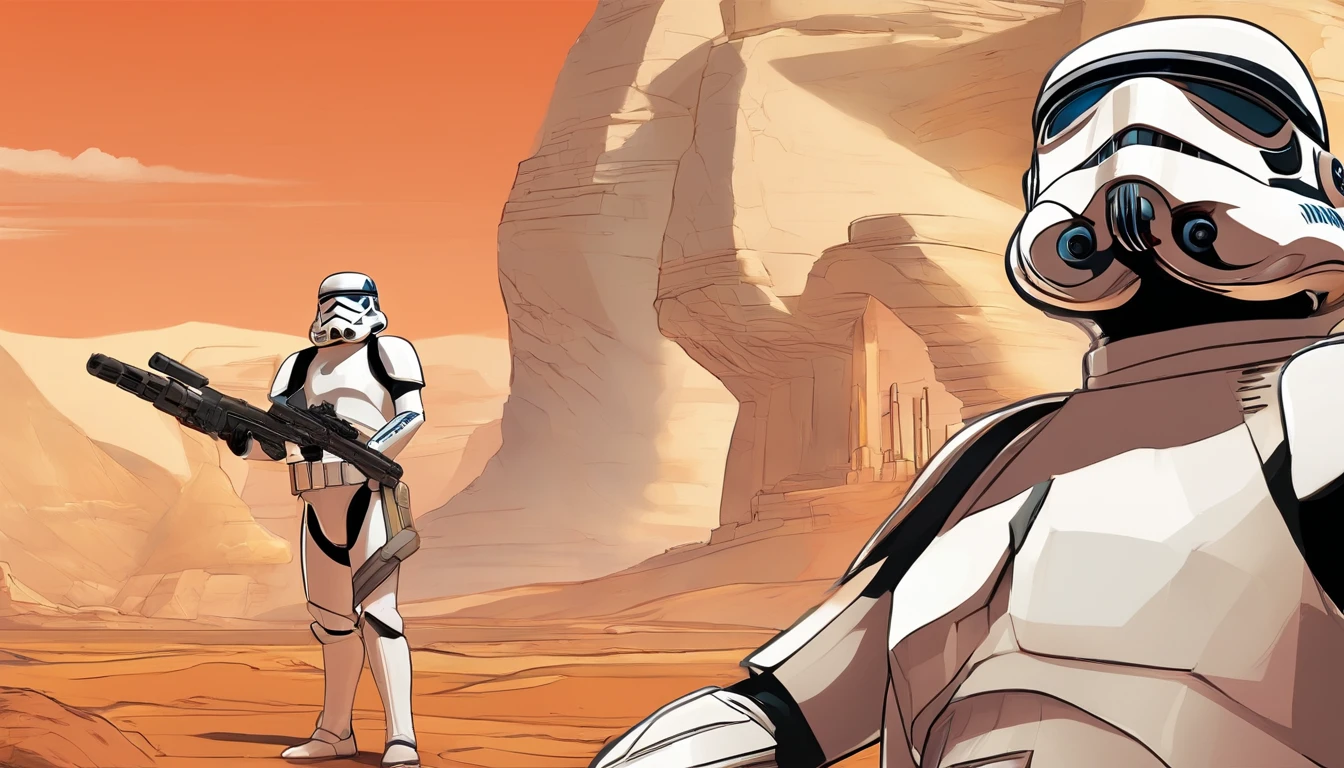 Average shot of a female Imperial stormtrooper against the backdrop of the desert, based on concept art by Magalie Villeneuve, trending on cg society, AB """""Star Wars"""": The Old Republic", influenced by Ralph McQuarrie's concept art. The stormtrooper has a strong and confident expression on his face, emphasizing detailed facial features, such as beautiful detailed eyes, detailed lips, and extremely detailed eyes and face. She is dressed in the traditional white armor of a stormtrooper, With a sleek and futuristic design. Combining illustration elements, 3D Rendering, and photography, The result is a visually stunning and immersive piece. The colors and lighting are bright and dynamic, Enhancing the overall atmosphere of the artwork. Image quality is paramount, With the best quality, 4K or 8K resolution, hight resolution, And a masterpiece:1.2, which makes it a true masterpiece in terms of quality and detail.