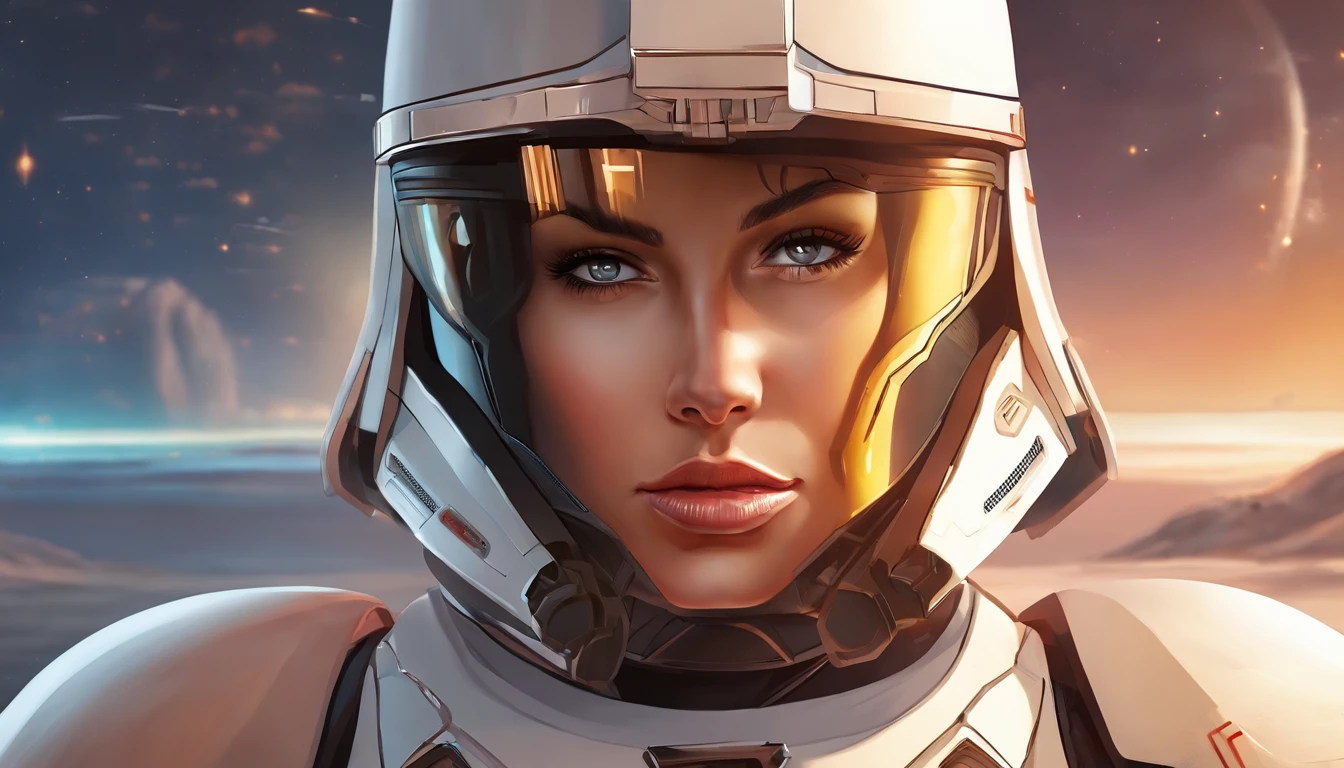 Average shot of a female Imperial stormtrooper against the backdrop of the desert, based on concept art by Magalie Villeneuve, trending on cg society, AB """""Star Wars"""": The Old Republic", influenced by Ralph McQuarrie's concept art. The stormtrooper has a strong and confident expression on his face, emphasizing detailed facial features, such as beautiful detailed eyes, detailed lips, and extremely detailed eyes and face. She is dressed in the traditional white armor of a stormtrooper, With a sleek and futuristic design. Combining illustration elements, 3D Rendering, and photography, The result is a visually stunning and immersive piece. The colors and lighting are bright and dynamic, Enhancing the overall atmosphere of the artwork. Image quality is paramount, With the best quality, 4K or 8K resolution, hight resolution, And a masterpiece:1.2, which makes it a true masterpiece in terms of quality and detail.