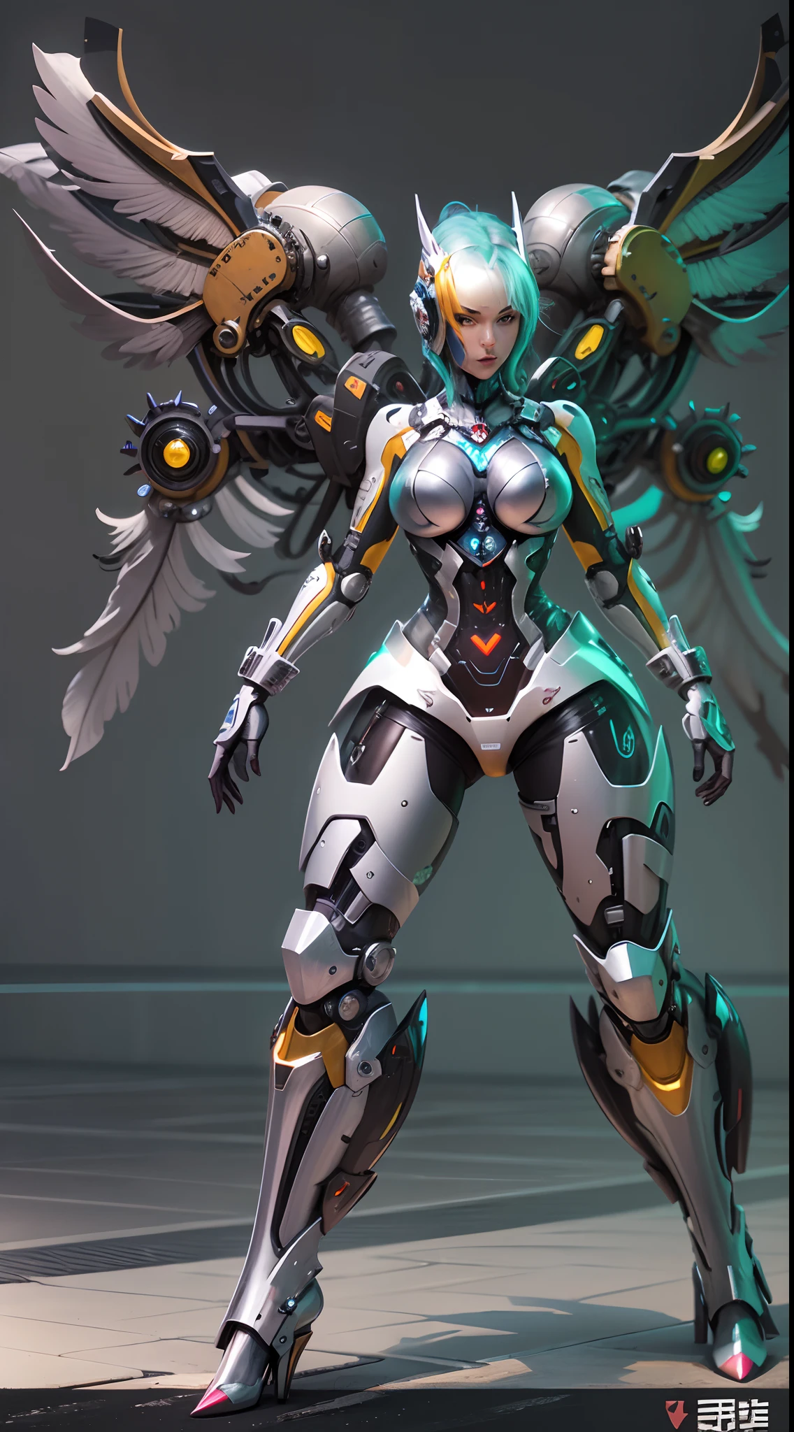 Topic prompts "Atomic heart, Mechanical Woman，Wings,Rabbit ears"，Shiny metal skin,[Mechanical body parts,Mechanical limb,Metal hands]，high-heels，[Meticulous, Surgical precision]。nigth,[The center of the picture，frontage]，(which stands on the street)。[Science fiction art style],Vibrant colors,High-res,Ultra-detailed,Realistic lighting effects.
