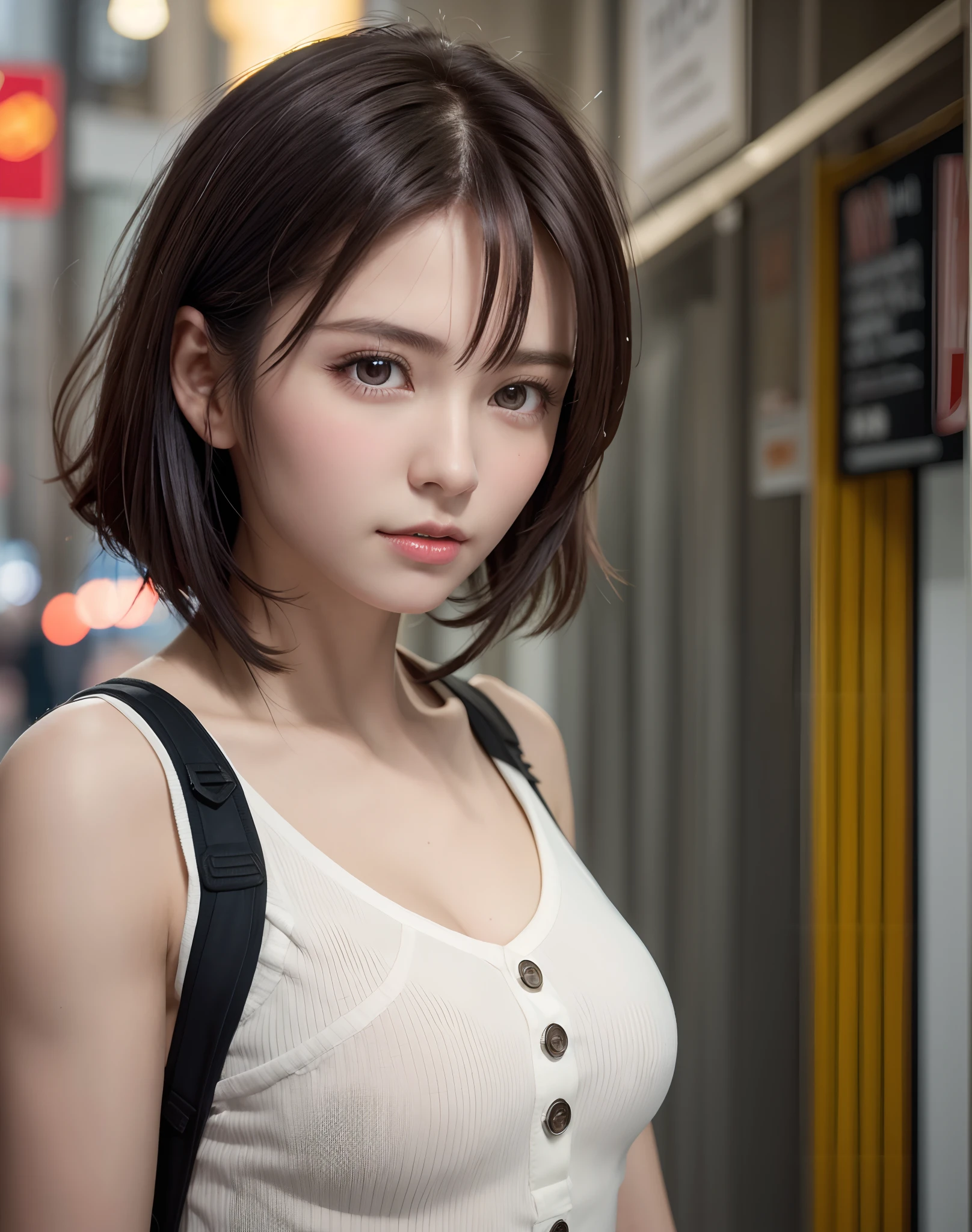 ((Best Quality, 8k, Masterpiece: 1.3, Raw Photo)), Sharp Focus: 1.2, (1 aespa Girl: 1.2), (Realistic, Photorealistic: 1.37), (Face Focus: 1.1), Cute Face, Tenderness, Small Breasts, Flat Breasts, Short Messy Hair, (White Casual Shirt: 1.1), Beautiful Woman Sitting Under Street Lamp Light, Movie Lighting