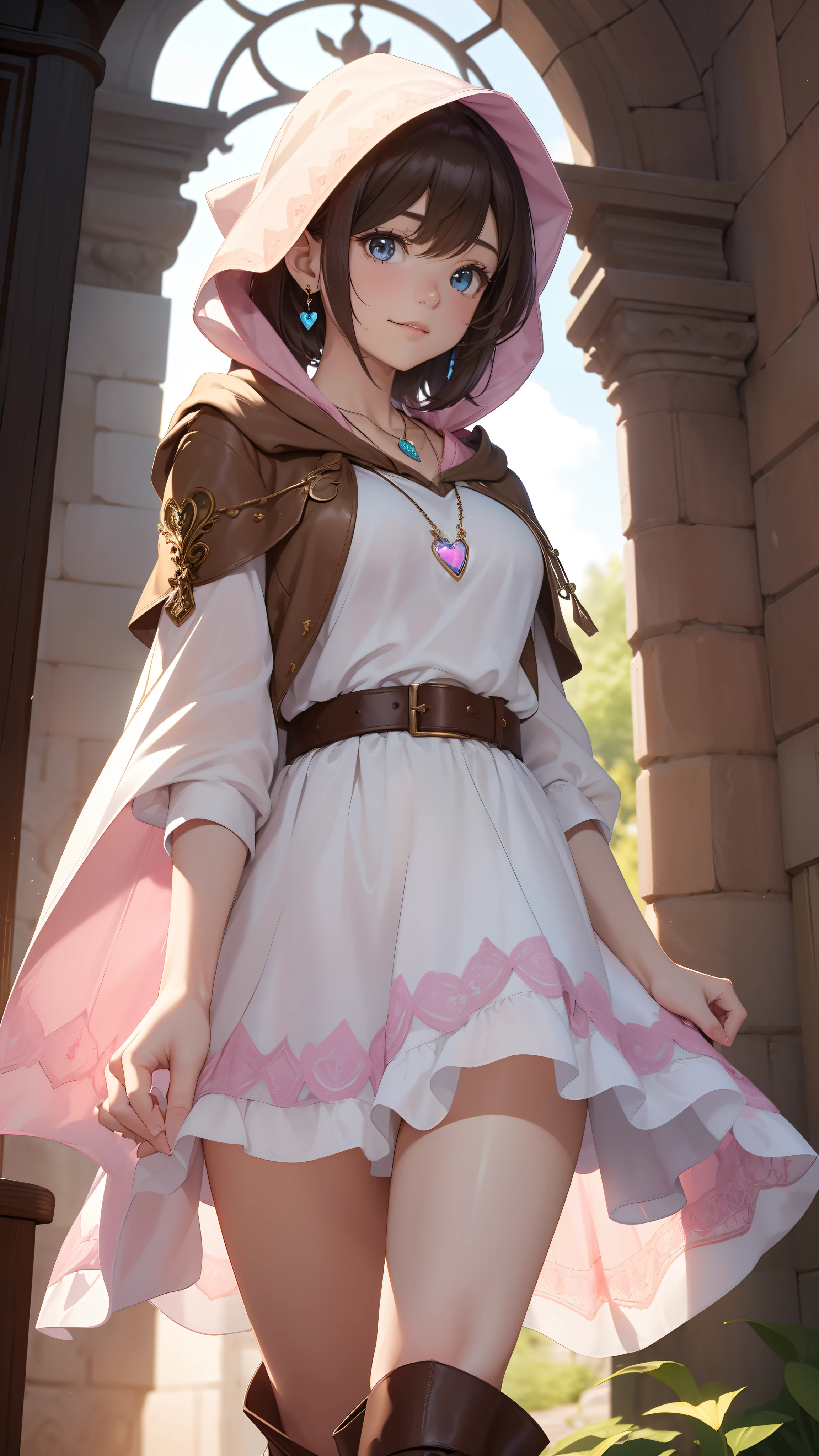 masterpiece, ultra detailed, 8K Portrait, Raw photo, a portrait photo of, Highly detailed face, beautiful and meticulous eyes, ((Fantasy)), young beautiful,  girl, Light brown short hair, Kind face, Cute smile, adventurer, (((Hooded))) (((white silk long caped))) Fluttering in the wind, (((brown Shirt dress))), (((dark brown shorts))), ((Leather boots)), (((pink Heart necklace))), one side blue earring, ((one side blue jewel bracelet)), Hold a Maple Syrup Bottle, Midday Sun, Hyper realistic, body model, small breast, beautiful breast, Long legs, in a castle, Camera focus on face, Ambient lighting, Shadow details, strong breeze, Light fog