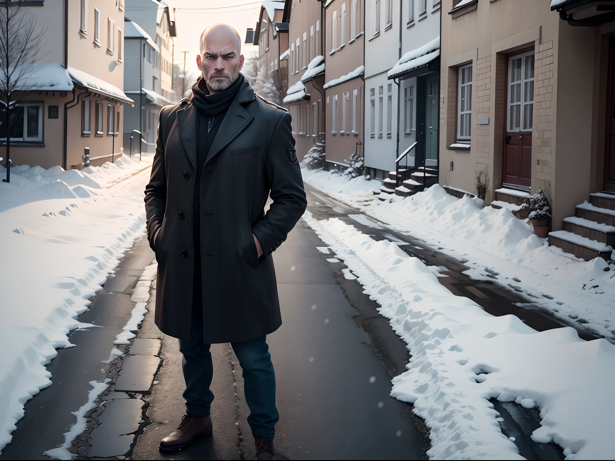 realistic 8k image of a 46 year old man, thinning hair, blond, extremely angry, standing on a sidewalk in a small German county, snow, anime style art