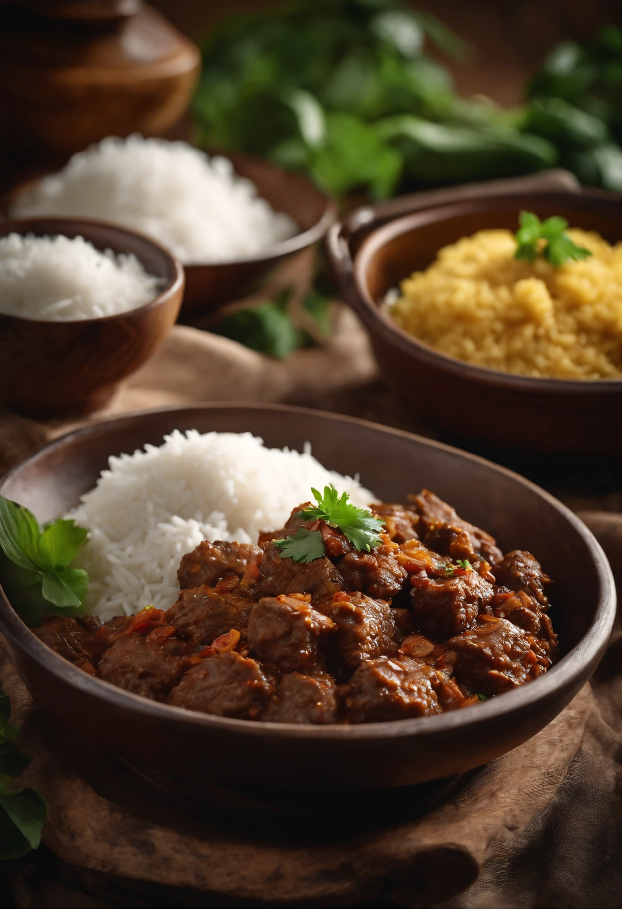 best quality,4k,8k,highres,masterpiece:1.2,ultra-detailed,realistic:1.37,Indonesian rendang rice,traditional dish,sumptuous presentation,aromatic spices,slow-cooked beef,coconut milk,rich and flavorful sauce,tender meat,mouthwatering,steaming white rice,vegetable garnish,vivid colors,exquisite plating,authentic cuisine,culinary masterpiece,Indonesian culture,culinary heritage