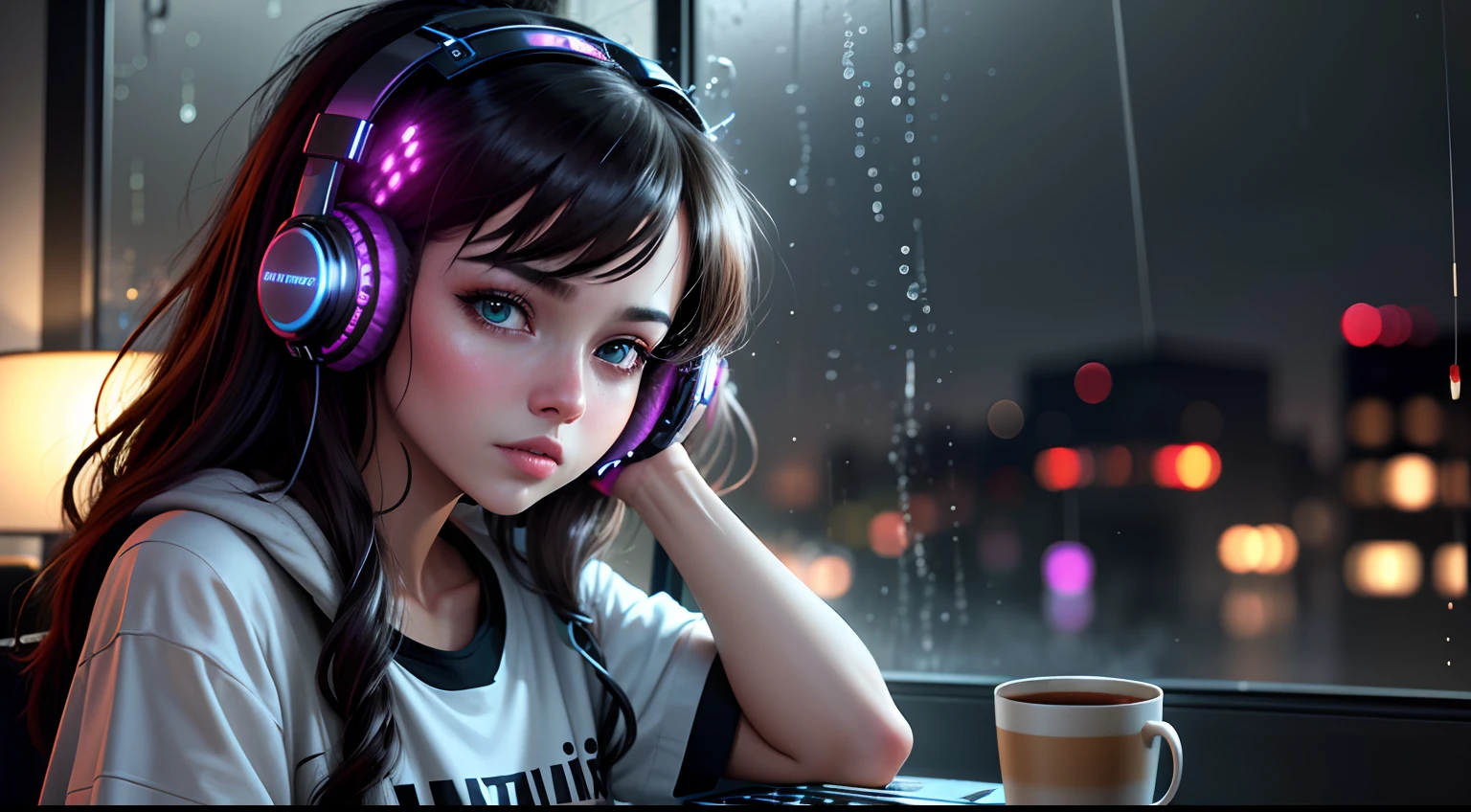 (Best quality, 4k, Masterpiece :1.3), ((rainy night: 1.5)), Girl 20 years brunette , cyberpunk lo-fi, in the bedroom, listening to music on pc, coffee cup on the table, headphones, open window on rainy night, white top glued, short shorts, wearing socks, ultra detailed, full cyberpunk headset, intricate details, 16k
