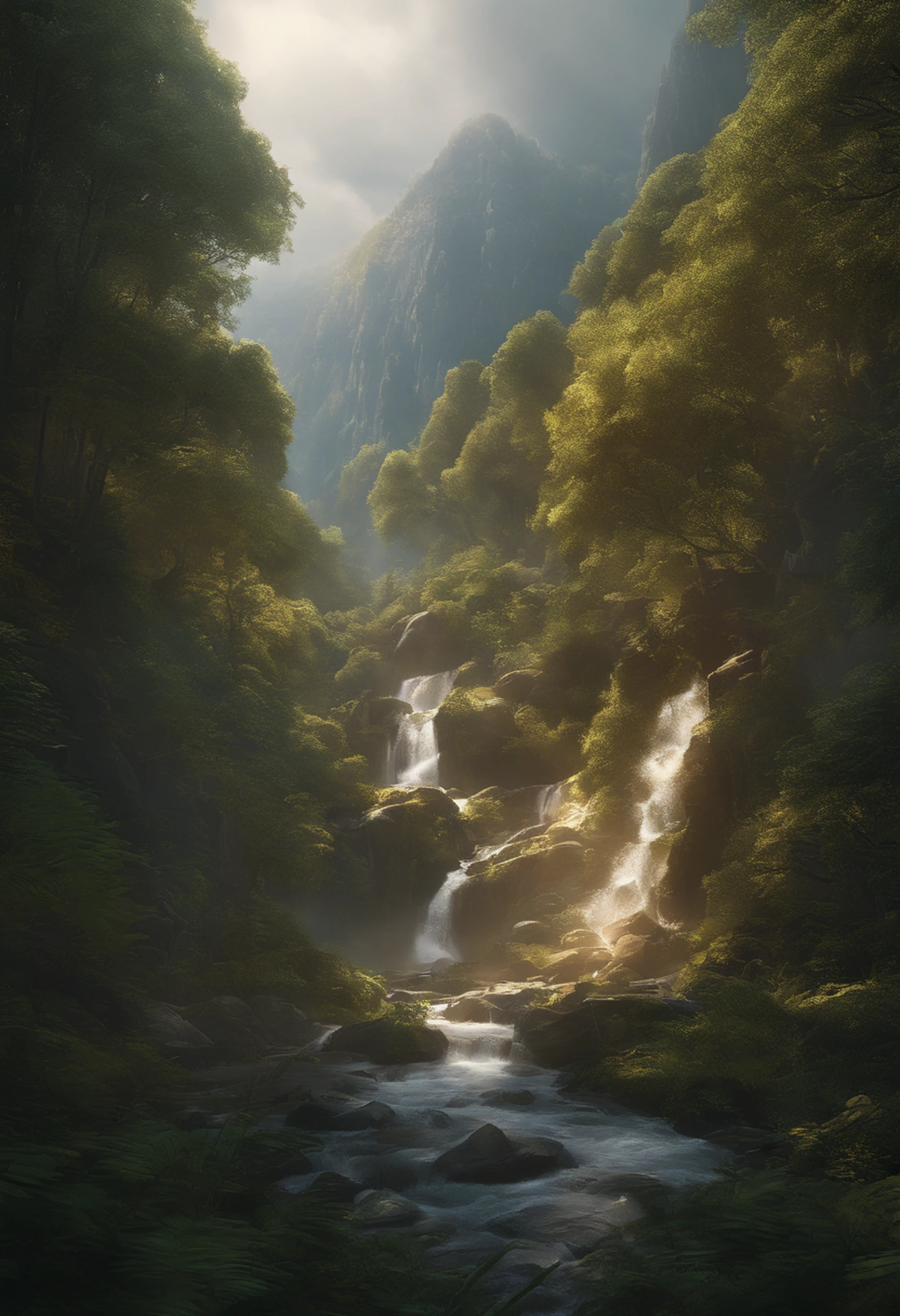 A splash art of a ravine covered in snow and surrounded by a dense forest, captured from a dramatic angular perspective. The scene depicts an epic RPG scenario with a sense of grandeur and adventure. The artwork is created using highly detailed illustrations in a digital medium, giving it a visually stunning and immersive quality. The image quality is of the highest standard, with a resolution of 4k or 8k, ensuring every minute detail is visible. The colors used are vibrant and vivid, enhancing the overall atmosphere of the scene. The lighting is meticulously rendered with studio lighting techniques to create a realistic and captivating effect.