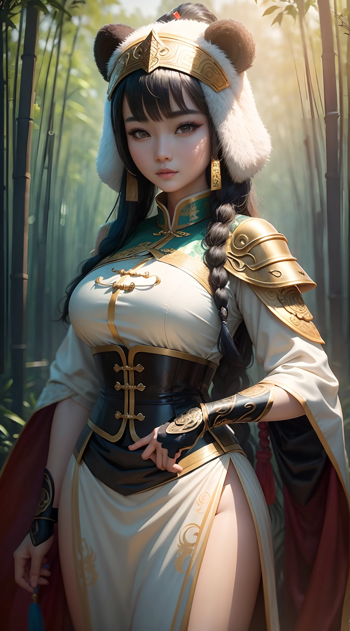 Chinese Heroine, dressed in Han Dynasty Costumes standing in the Bamboo Forest, lead a Panda, perfect face, perfect eyes, perfect figure, (intricate details:1.2), heroic posture, cinematic shot, 3D, (extremely CG unity 8k wallpaper:1.2), trending on CG, tr...