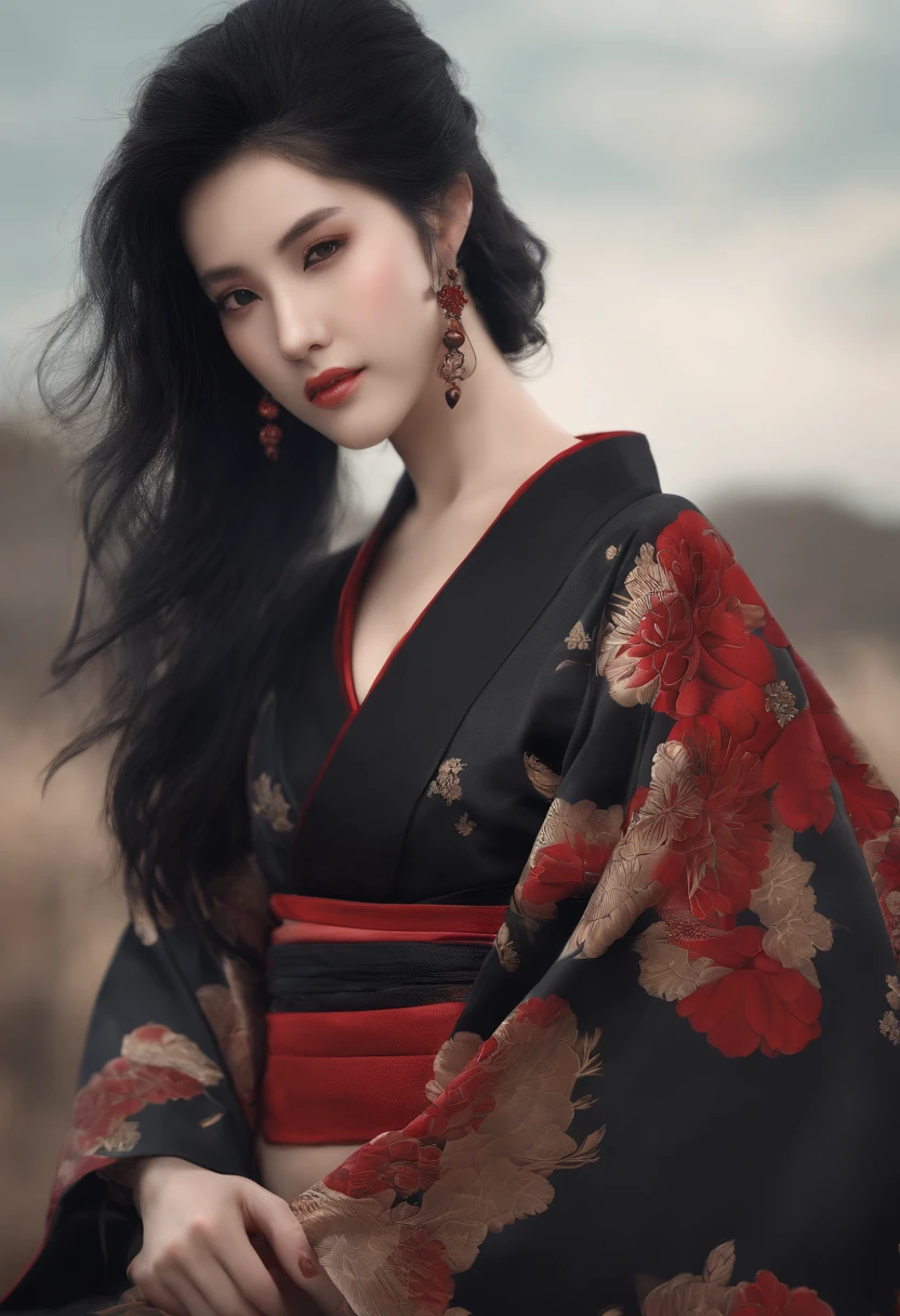 masterpiece, top quality, best quality, official art, beautiful and aesthetic:1.2),1girl, tattoo, solo, japanese clothes, red and black kimono, hair ornament, unsheathing, black hair, sheath, back tattoo, dragon tattoo, blue eyes, off shoulder, bare shoulders, looking back, from behind, flower, looking at viewer, holding, makeup, outdoor,