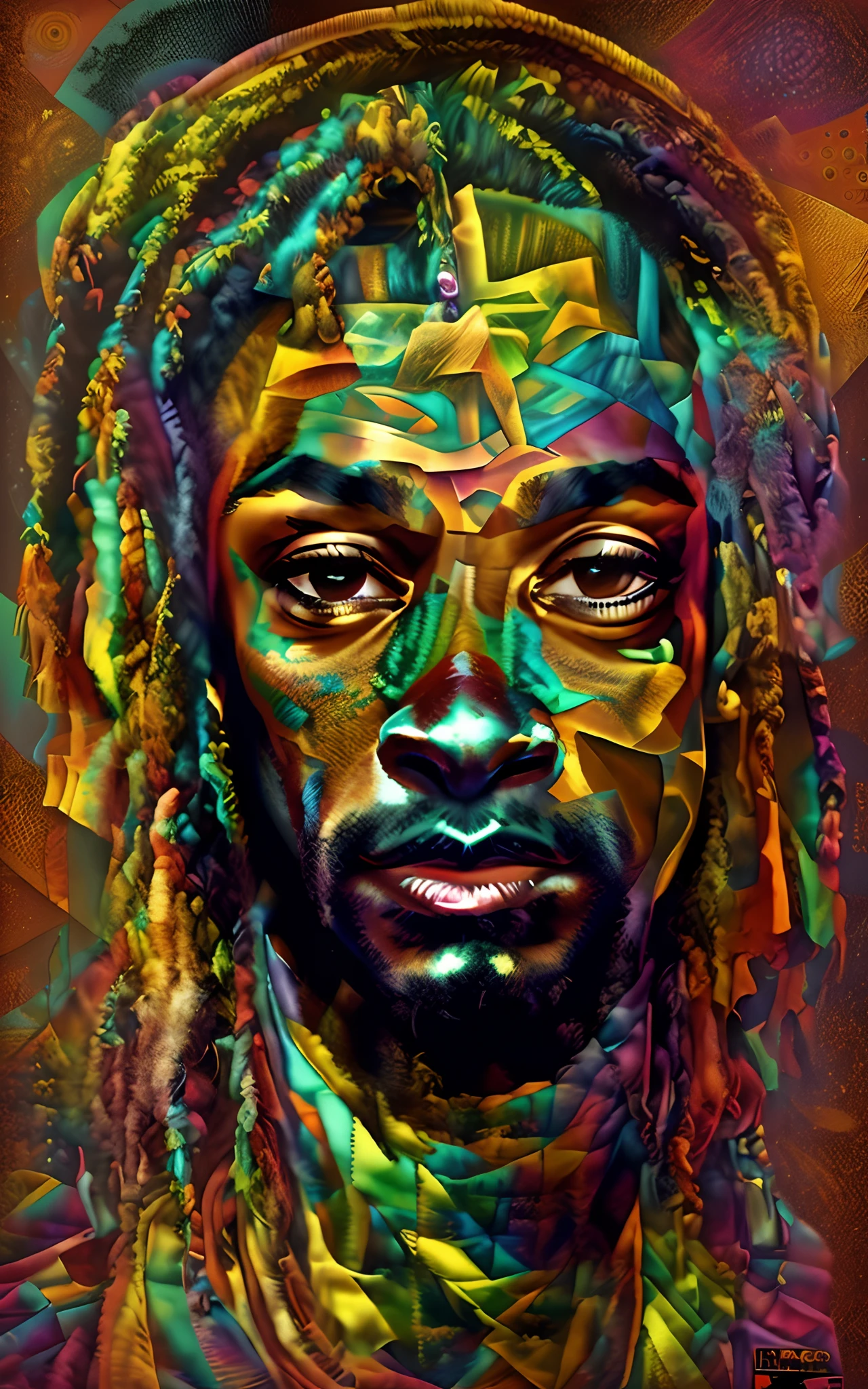 uma pintura de um homem com dreadlocks e uma cruz no rosto, Retrato de Snoop Dogg, vibrant fan art, snooping dog, arte raggae, psychedelic hip-hop, rapper,padroeiro do 🛸🌈👩🏾, Snoop dogg, psychedelic hip hop, Arte deslumbrante, inspirado em Ras Akyem, cheio de cor, Stoner, Obra-prima 4K