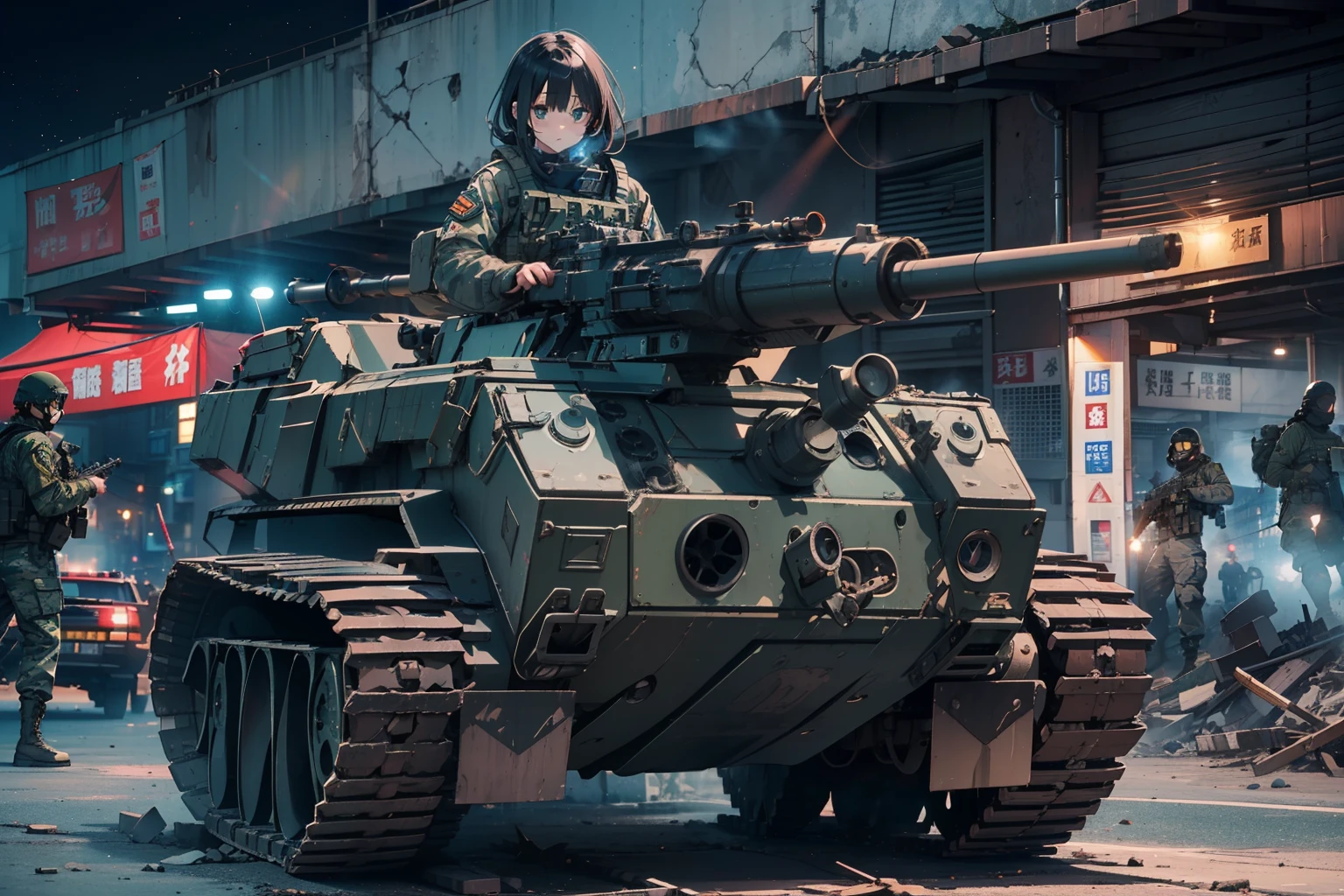 (One girl soldier sniping a giant military robot with a Lahti L-39 anti-tank gun)、long eyelasher,Blushlush,((​masterpiece、top-quality、extremely details CG、16 K、Cinematographic lighting、lensflare))、Black combat uniform、Wide View、thick body、 Photorealsitic:1.4、long Brond Hair、green colored eyes、Have multiple weapons、Precision 1.Aim 4、Lahti L-39 anti-tank gun、direct light、Shooting rubble with a depth of field of 35 mm、F/1.Night footage with 8 lens flares、((Shinjuku at night where five special forces SWAT fight))、(Sniping with anti-tank rifles)、From Side、nffsw、Hyper Detailed、The wreckage of a giant robot、(wide-angle lens)、What I see