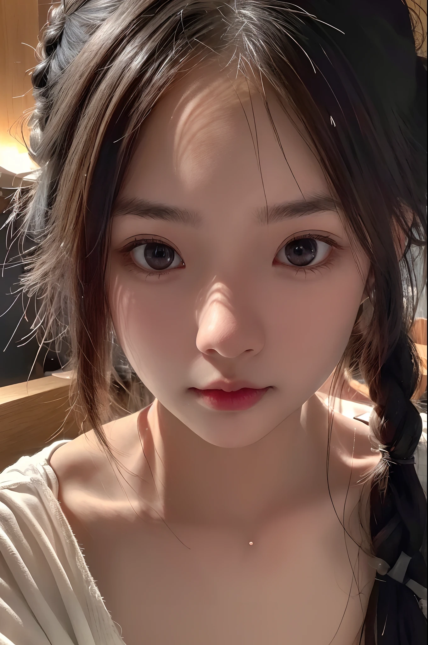 1girll,Light shines on the face, rosy lips, topknot, glowing eyes, Surrealism, close-up, Sony FE GM, polar opposites, symmetry, UHD, masterpiece, super detail, high details, highres