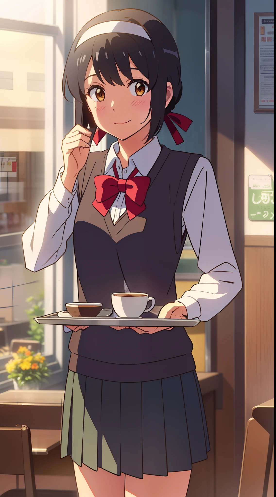 shinkai makoto, kimi no na wa., 1girl, bangs, black hair, blush, bow, brown eyes, collared shirt, headband, looking at the viewer, red bow, red headband, red ribbon, Ribbon, school uniform, shirt, short hair, smile, solo, sweater vest, vest, white shirt, yellow sweater vest, yellow vest, smile, happy, long skirt, long sleeves, puffy sleeves, red neckerchief, indoors, coffee shop, cowboy shot, tray, tray in one hand, masterpiece, best quality