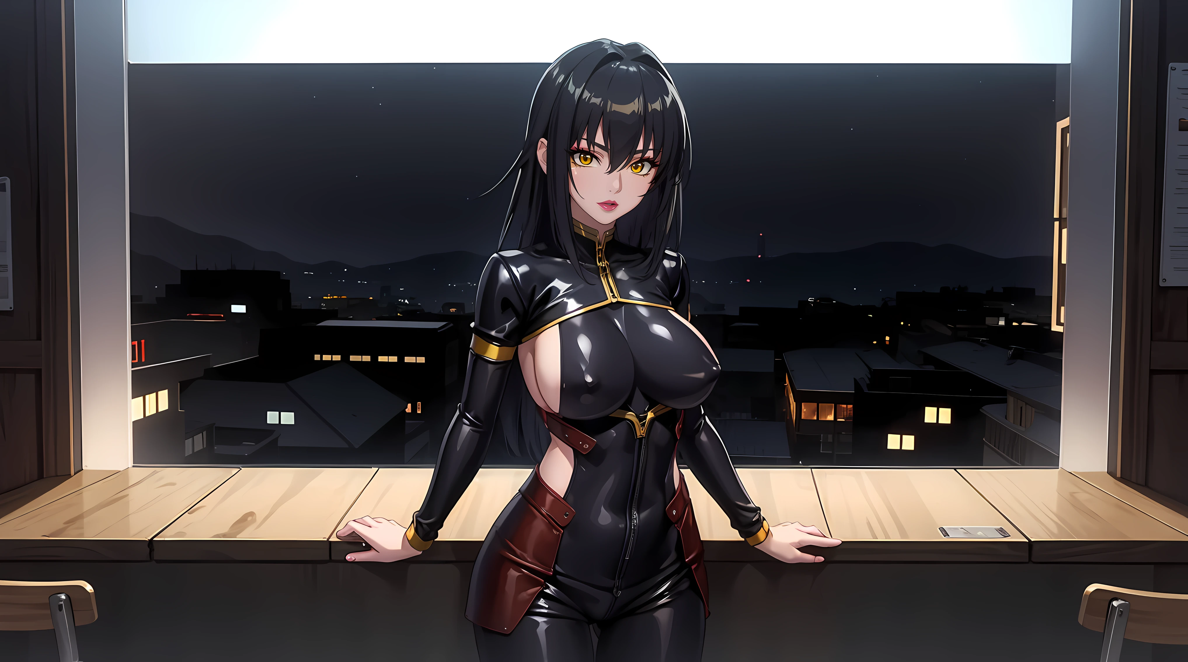 (masterpiece:1.4),(best quality:1.4),  soft lighting, cinematic bloom, beautiful face, beautiful eyes, cowboy shot,
Annerose, 1girl, solo, female mature, black hair, long hair, (yellow eyes:1.4), large breasts, bodysuit, higheels, shiny clothes, skin tight, hair intakes, covered breasts, sideboob, exquisite eyes detail, exquisite character design unity details 8k hdr, professional art, landscape, (solo:1.5, cowboy shot:1.5), classroom, sexy body, milf, 35 years old girl