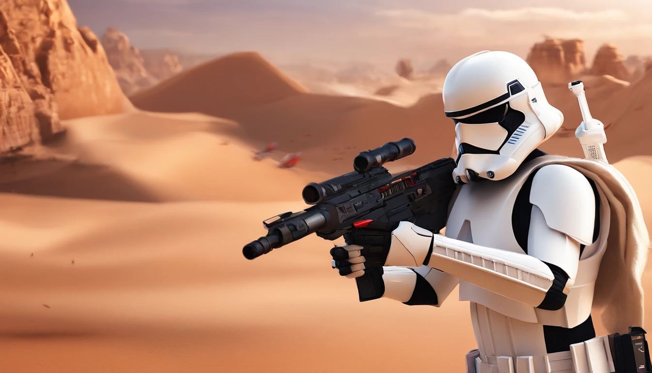 Average shot of a female Imperial stormtrooper against the backdrop of the desert, based on concept art by Magalie Villeneuve, trending on cg society, AB """"""Star Wars""""": The Old Republic", influenced by Ralph McQuarrie's concept art. The stormtrooper has a strong and confident expression on his face, emphasizing detailed facial features, such as beautiful detailed eyes, detailed lips, and extremely detailed eyes and face. She is dressed in the traditional white armor of a stormtrooper, With a sleek and futuristic design. Combining illustration elements, 3D Rendering, and photography, The result is a visually stunning and immersive piece. The colors and lighting are bright and dynamic, Enhancing the overall atmosphere of the artwork. Image quality is paramount, With the best quality, 4K or 8K resolution, hight resolution, And a masterpiece:1.2, which makes it a true masterpiece in terms of quality and detail.