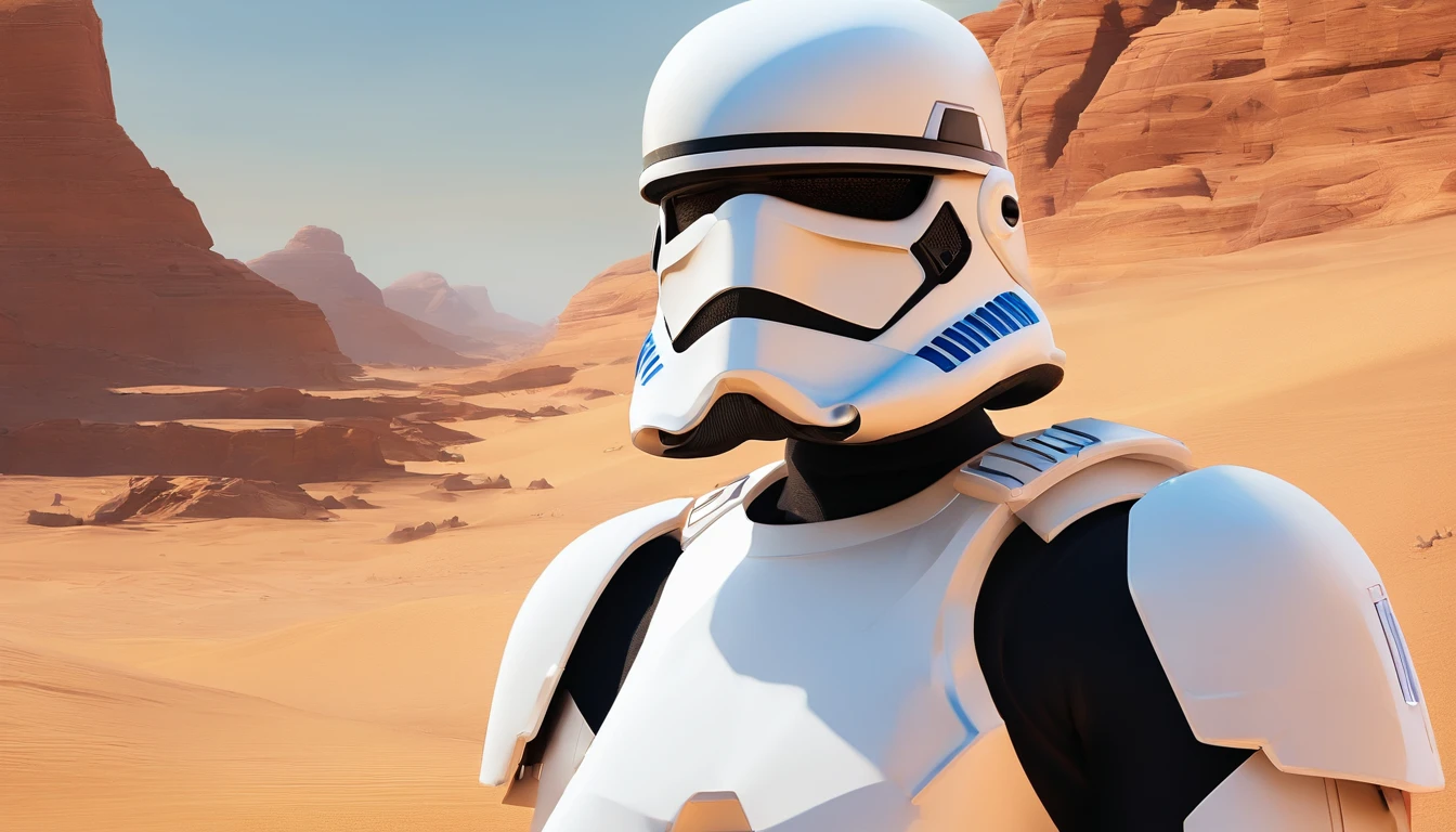 Average shot of a female Imperial stormtrooper against the backdrop of the desert, based on concept art by Magalie Villeneuve, trending on cg society, AB """"""Star Wars""""": The Old Republic", influenced by Ralph McQuarrie's concept art. The stormtrooper has a strong and confident expression on his face, emphasizing detailed facial features, such as beautiful detailed eyes, detailed lips, and extremely detailed eyes and face. She is dressed in the traditional white armor of a stormtrooper, With a sleek and futuristic design. Combining illustration elements, 3D Rendering, and photography, The result is a visually stunning and immersive piece. The colors and lighting are bright and dynamic, Enhancing the overall atmosphere of the artwork. Image quality is paramount, With the best quality, 4K or 8K resolution, hight resolution, And a masterpiece:1.2, which makes it a true masterpiece in terms of quality and detail.