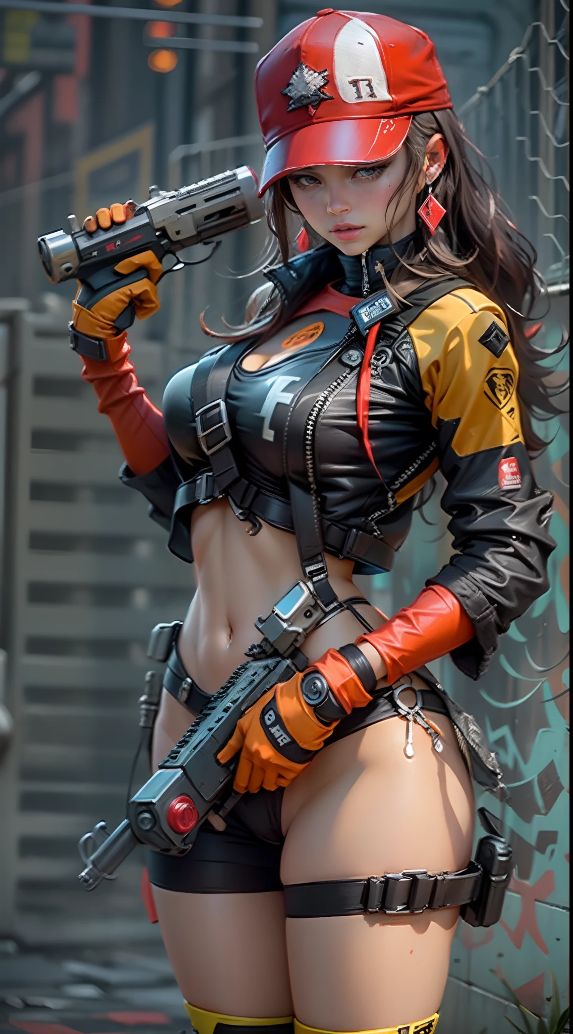 motor world,irreal:1.4,CG ultra realista 64K, fotorrealista:1.4, textura de la piel:1.4, obra maestra:1.4,Hermosa mujer con sombrero de pelo largo、pointing gun, futrastic gun, laser background, assault rifle, kalashnikov rifle, trigger_discipline, low-ready Ropa corta estilo cyberpunk bike,color amarillo, pantimedias red, sexzy elastic dress