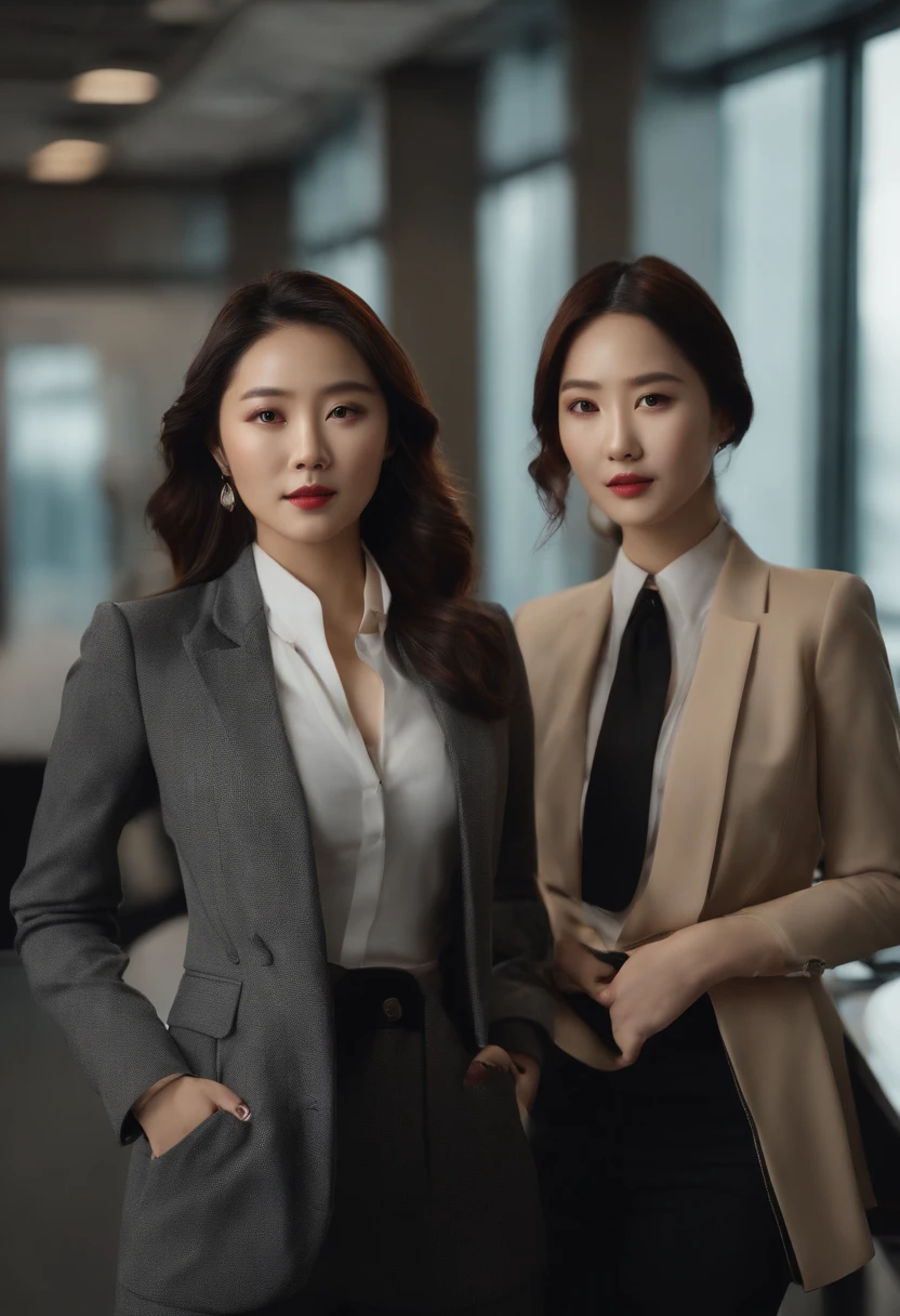 (Best quality,Ultra-detailed,Photorealistic),Two young Korean women in suits,Black leather gloves,Standing in front of the camera in knee-length boots. The environment is in a modern office, Exudes a stylish and sophisticated atmosphere. The height difference between women is noticeable, One is significantly taller than the other. The image has vivid colors and ultra-fine realistic details. The lighting is perfectly balanced, Create a professional, sophisticated look.
