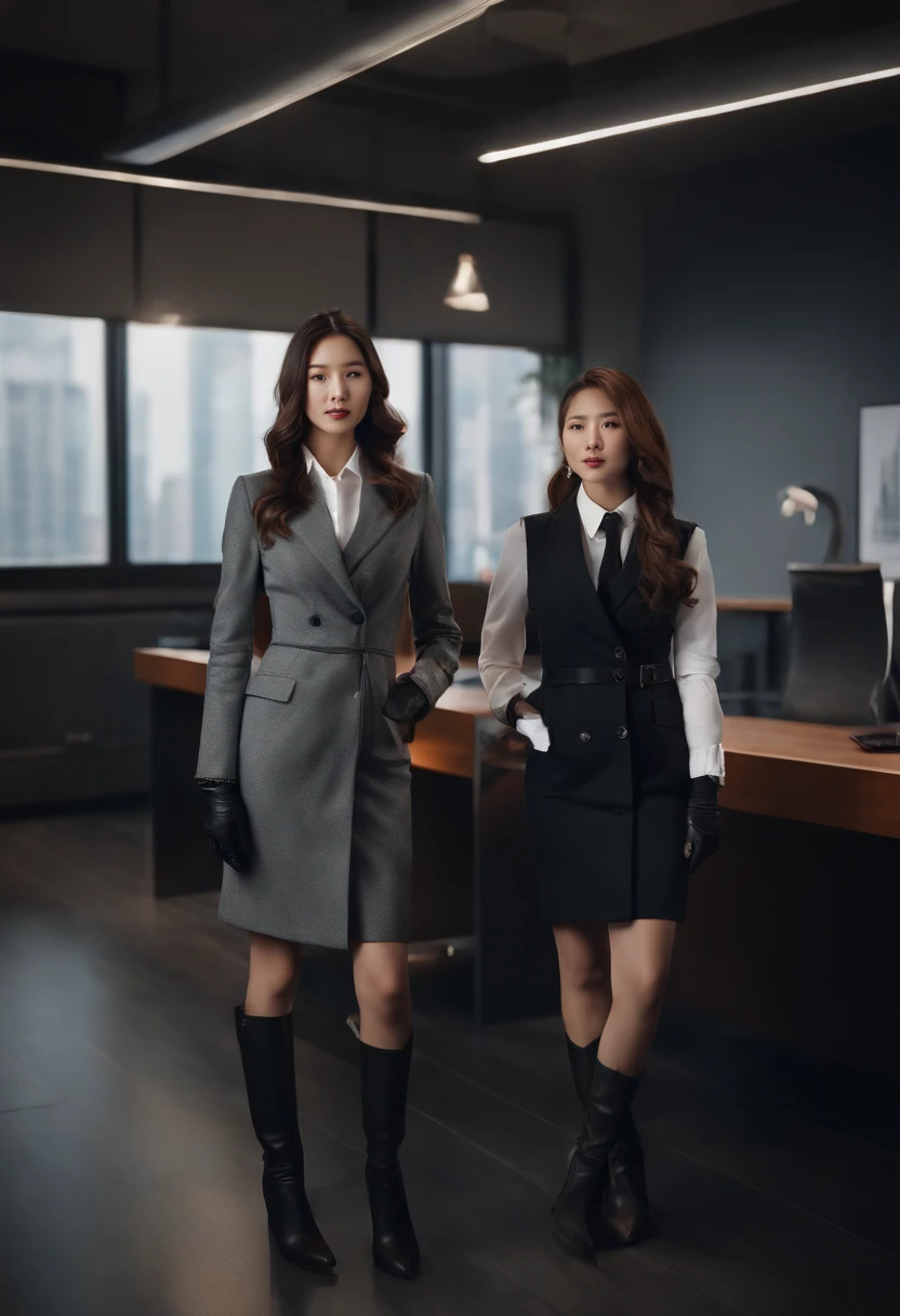 (Best quality,Ultra-detailed,Photorealistic),Two young Korean women in suits,Black leather gloves,Standing in front of the camera in knee-length boots. The environment is in a modern office, Exudes a stylish and sophisticated atmosphere. The height difference between women is noticeable, One is significantly taller than the other. The image has vivid colors and ultra-fine realistic details. The lighting is perfectly balanced, Create a professional, sophisticated look.