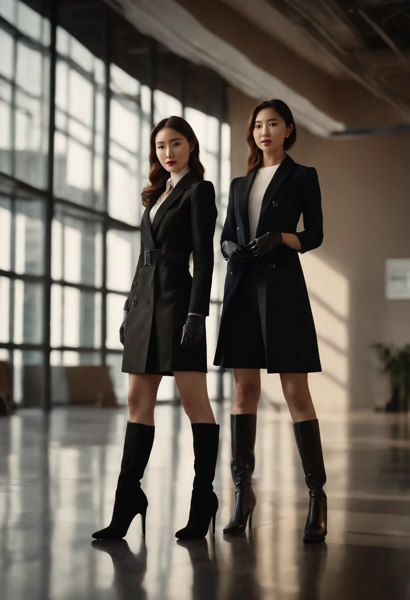 (Best quality,Ultra-detailed,Photorealistic),Two young Korean women in suits,Black leather gloves,Standing in front of the camera in knee-length boots. The environment is in a modern office, Exudes a stylish and sophisticated atmosphere. The height difference between women is noticeable, One is significantly taller than the other. The image has vivid colors and ultra-fine realistic details. The lighting is perfectly balanced, Create a professional, sophisticated look.