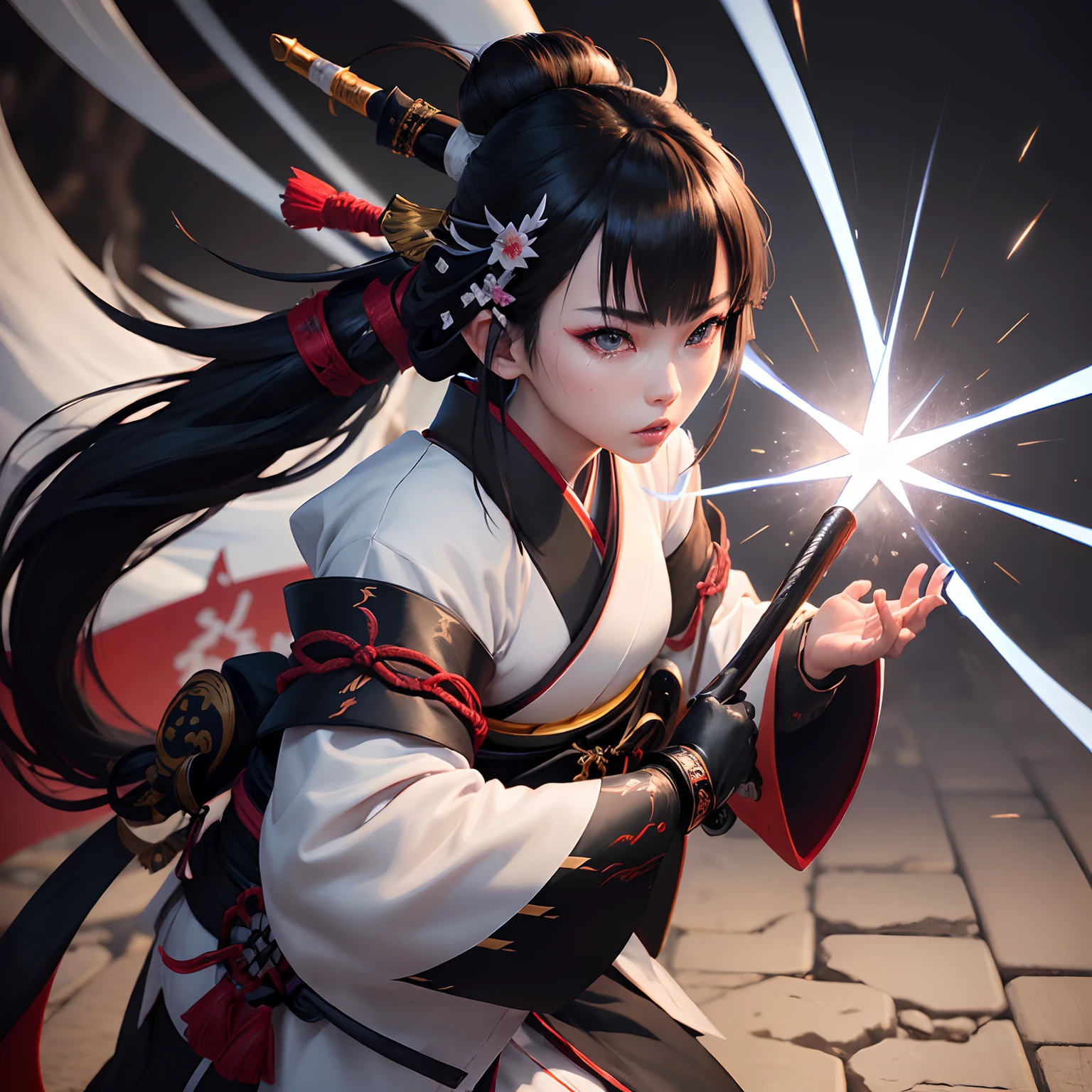 (Best Quality,Ultra-detailed,Realistic:1.37)、Japan onmyoji attacks with lightning spells、An 18-year-old woman、(Sharp eyes:1.5)、Aggressive look、Fashionable white hakama、(Black Eboshi:1.5)、Unleash lightning from the palm of your hand、Pentagram、Full body