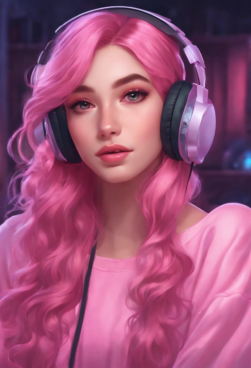 uma  com fones de ouvido e uma regata rosa, Streamer do Twitch, estilo anime 4K,, longos cabelos rosa