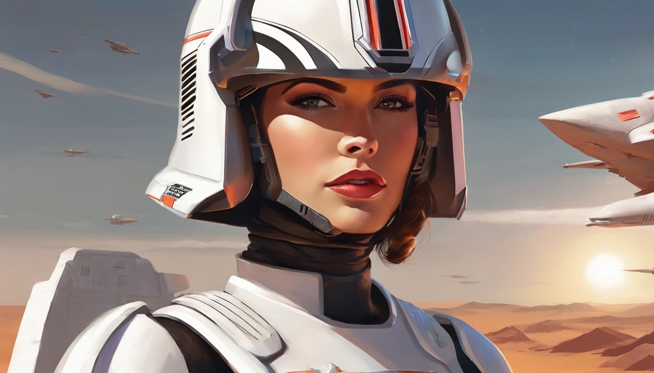 Portrait of a female imperial stormtrooper against the backdrop of the desert, based on concept art by Magalie Villeneuve, trending on cg society, AB """"Star Wars""": The Old Republic", influenced by Ralph McQuarrie's concept art. The stormtrooper has a strong and confident expression on his face, emphasizing detailed facial features, such as beautiful detailed eyes, detailed lips, and extremely detailed eyes and face. She is dressed in the traditional white armor of a stormtrooper, With a sleek and futuristic design. Combining illustration elements, 3D Rendering, and photography, The result is a visually stunning and immersive piece. The colors and lighting are bright and dynamic, Enhancing the overall atmosphere of the artwork. Image quality is paramount, With the best quality, 4K or 8K resolution, hight resolution, And a masterpiece:1.2, which makes it a true masterpiece in terms of quality and detail.