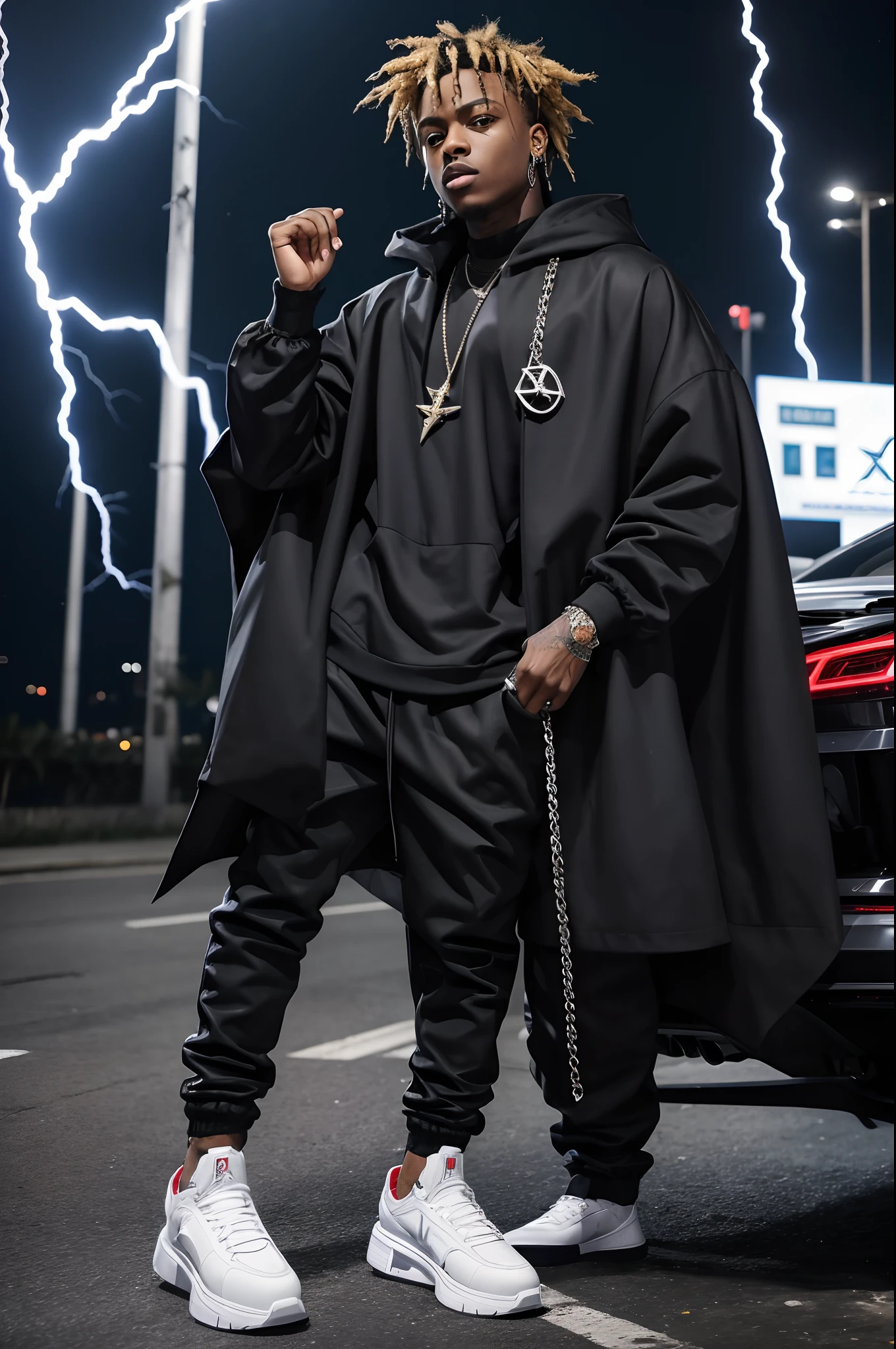 fullbody ,photo of evil fearfear menacing young short handsome clean class sophisticated charged up black flamboyan African rap star hip hop star in with h xxxtentacion juice wrld full hairstyle xxxtentacion juice wrld inspired crazy wild detals gangsta gang baggy sagging trap sumpreme stylishstreetwear swagger oversized coat electric current lightning bolt strands flowing long dreadlocks and cape with evil aura abot him electric current lightning outline swagger poses