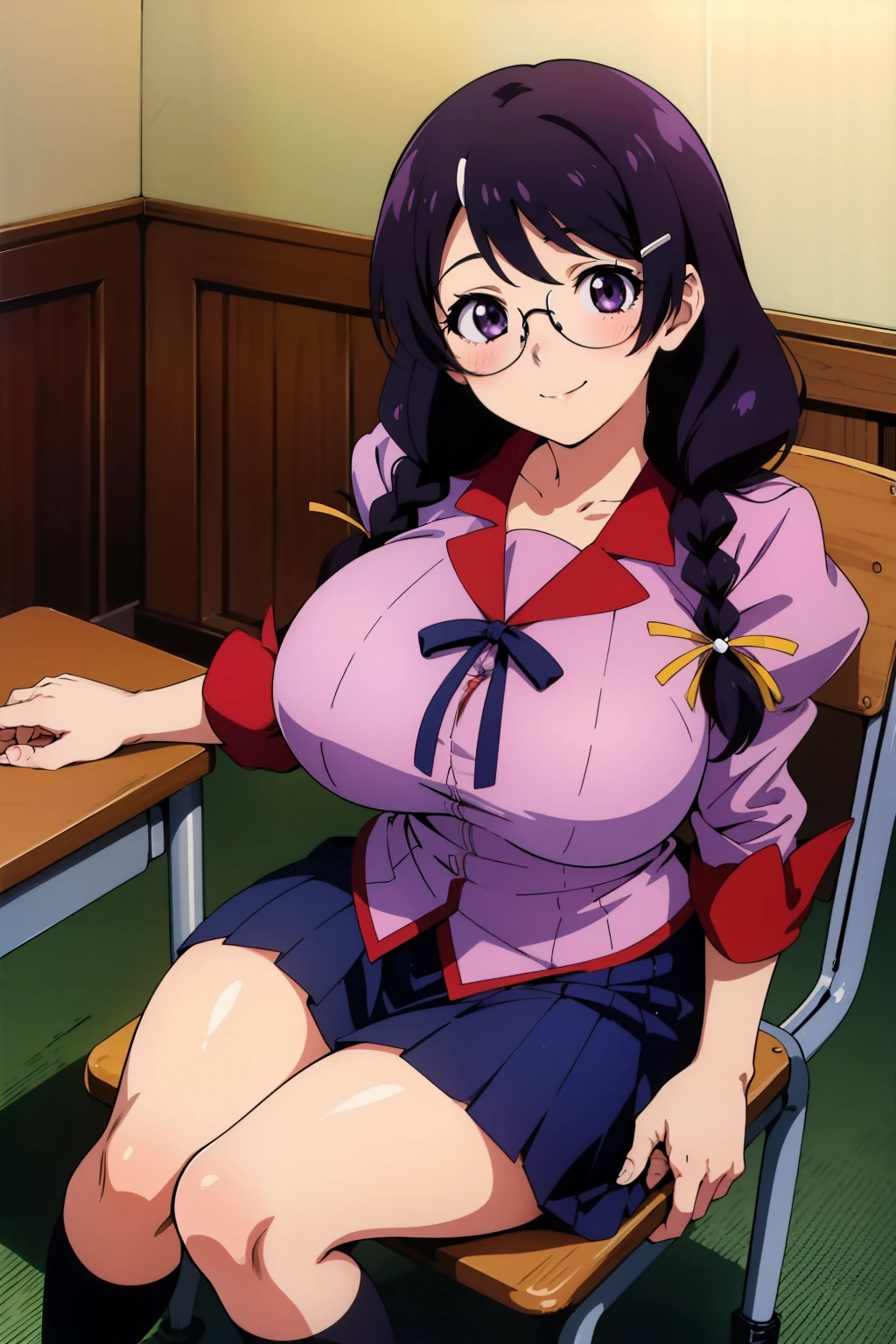 1990s anime cels style, 1990s manga style, best quality, high resolution, 1girl, (huge breasts:1.2), school uniform, skirt, school, blush, smile,  closed mouth, sitting, chair, hanekawa tsubasa, long hair, black hair, hair ornament, (purple eyes:1.1), braid, hairclip, twin braids, glasses,