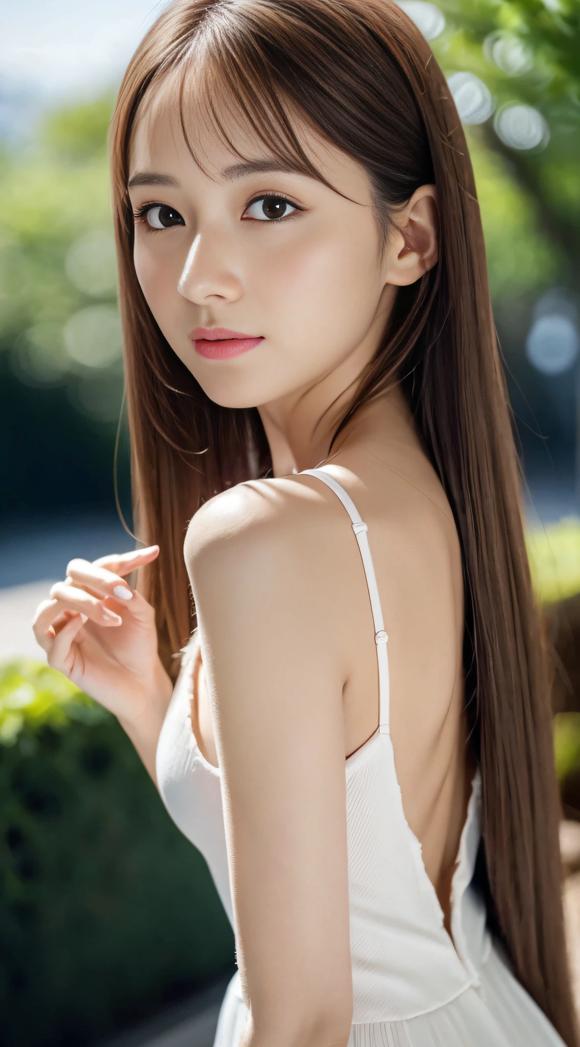 1womanl, up of face, mideum breasts, light brown hair, Blunt bangs, hair behind ear, hair over shoulder, Long hair, slender body shape, Ultra Fine Face, Thin face, Delicate lips, Beautiful eyes, thin blush, eyes are light brown, perfect glossy skin, flawless skin, Glistening sweat,View here, Ultra-thin hands, Ultra-fine fingers, best ratio four finger and one thumb, (realisitic:1.3), See-through white blouse. World Heritage Site, cathedral、One-person viewpoint, Fuji Film, F/1.2, 8K, masutepiece, nffsw, Super Detail, High quality, Best Quality, hight resolution