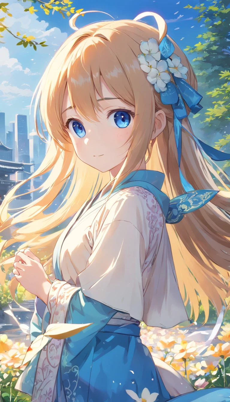 ( Girl:1.5),Lace,bow ribbon,Hanfu,(masutepiece, side lights, Beautiful blue eyes,Every detail is meticulous: 1.2), masutepiece, Realistic, Glowing eyes,Shiny hair,Shining golden hair,Long whit hair, Glossy glossy skin, Solo, embarrassed from,No shoulder strap,Exquisite,prettify,Sonoko,Flowers,flying petal,