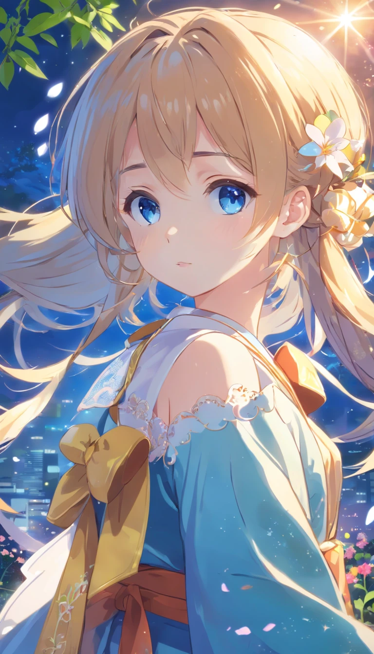 (Little Girl:1.5),Lace,bow ribbon,Hanfu,(masutepiece, side lights, Beautiful blue eyes，Every detail is meticulous: 1.2), masutepiece, Realistic, Glowing eyes,Shiny hair,Shining golden hair,Long whit hair, Glossy glossy skin, Solo, embarrassed from,No shoulder strap,Exquisite,prettify,Sonoko,Flowers,flying petal,