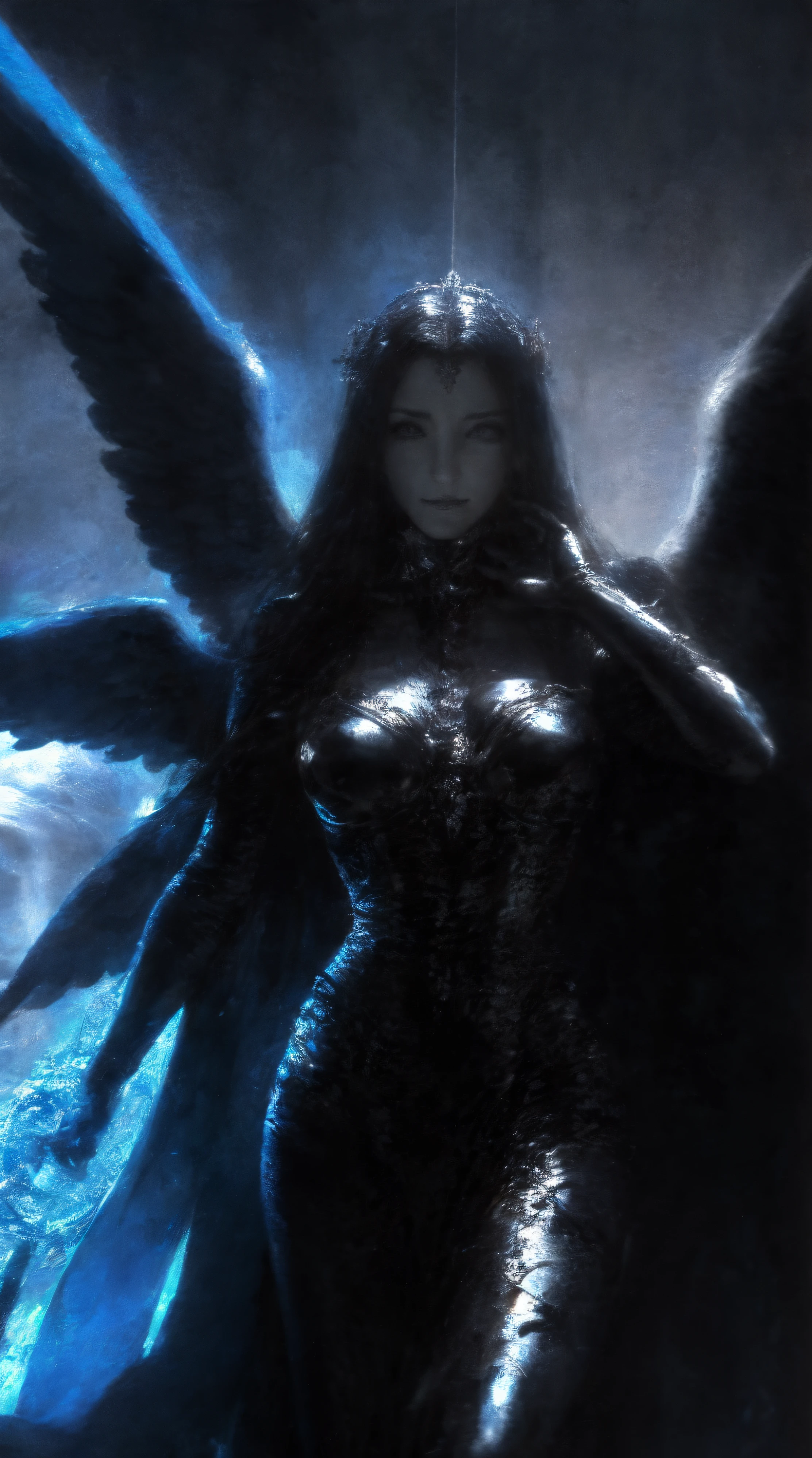 Close-up of winged angel statue, angel of death, angel of death, unreal engine rendered + A goddess, villainess has black angel wings, the angel of death with a halo, angel in plastic armor, flowing white robe, portrait of the angel of death, angel knight gothic girl, full - body majestic angel, angel protecting woman, Cover art, Take control of life, Stick to life, Album cover of a song titled "Grab Life"