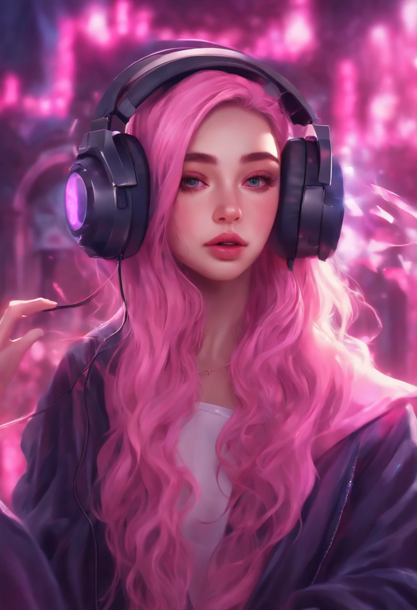 uma menina com fones de ouvido e uma regata rosa, Streamer do Twitch, estilo anime 4K,, longos cabelos rosa