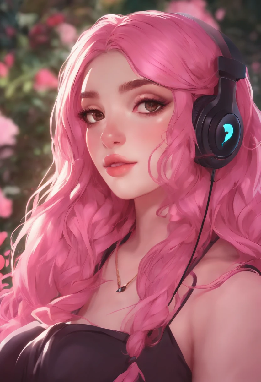 uma menina com fones de ouvido e uma regata rosa, Streamer do Twitch, estilo anime 4K,, longos cabelos rosa