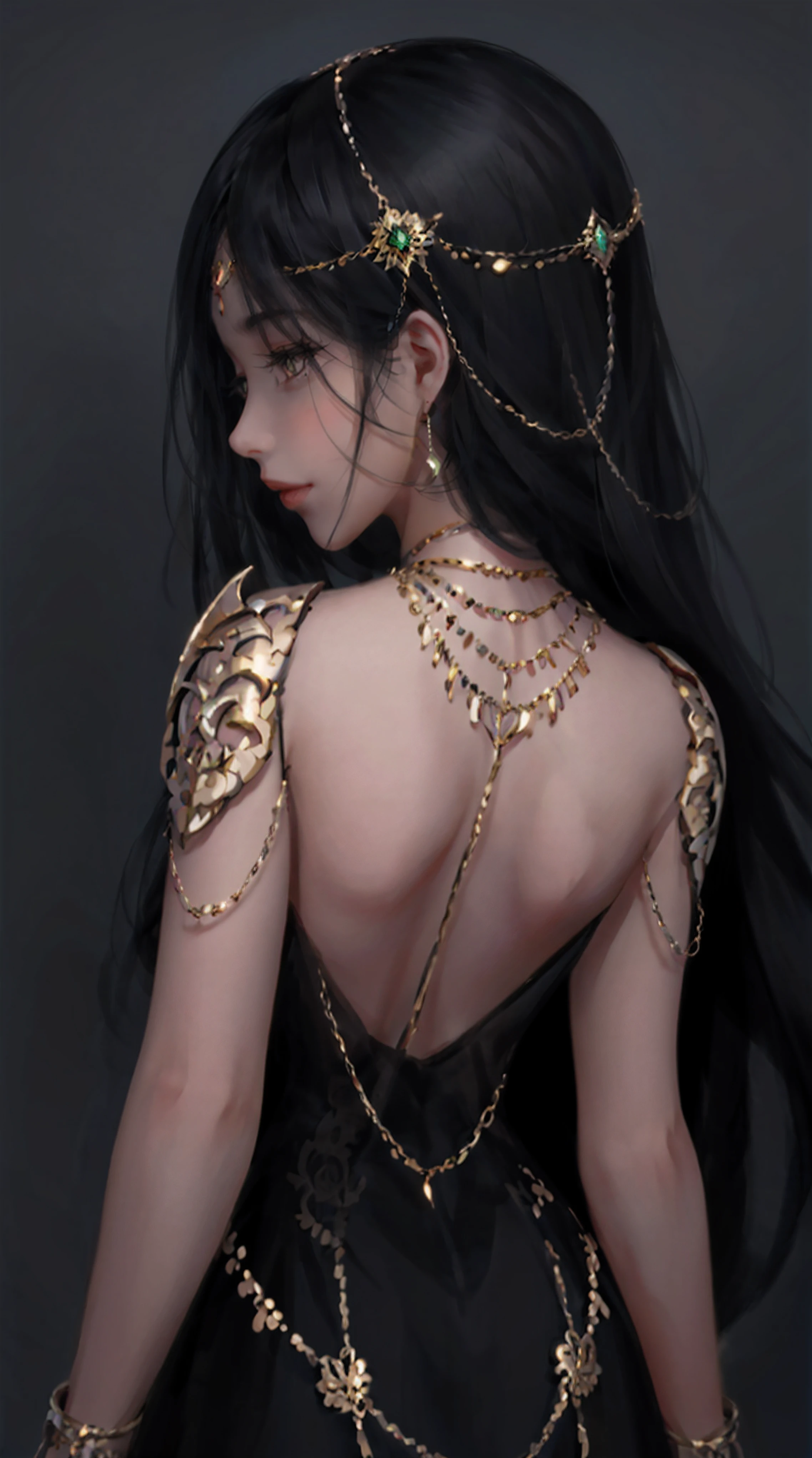 1girl, solo, jewelry, long_hair, black_hair, from_behind, gem, upper_body, earrings, necklace, profile, back, eyelashes, closed_mouth, dress, circlet, nape, head_chain, shoulder_blades, back_focus, gold, simple_background, bare_back, black_dress, black_background, dark_skin, gold_chain, dark_background, grey_background