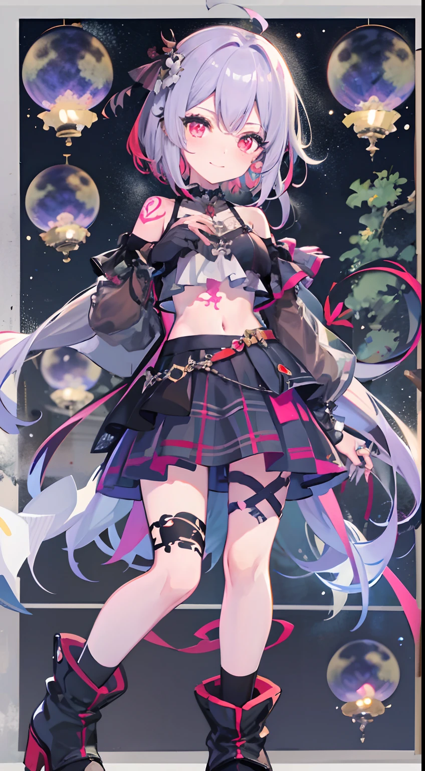masterpiece, of the highest quality, Highly detailed,The best shading、Anime Art Style、
Beautiful anime face and eyes, cowboy shot, Standing, Good posture, Right hand on hip, The left hand draws a circle、Hold up your little finger、Glowing skin, ear piercings,Shorthair,Low side tail、Tattoo on the shoulder、Cool Face、Glamour、Devil's Horn、demonic wings、demon tail、Hanging、
Light purple hair color,Blue inner hair color, Hairpin, (agitation:0.8)、(A big smile:0.9)、red blush,Multicolor eye color、Hanging、normal hands, Colossal tits, Ring-shaped bangle on left hand, Choker,hair pin、
see -through、White tube top、see -through、Ruffled lace layered skirt with plaid pattern、Leather Socks、Navel、Umbilical piercing、The tattoo、clothes shiny、Ring overhead、
Night, fullmoon, starrysky、Scattered light particles, Blurry background image,